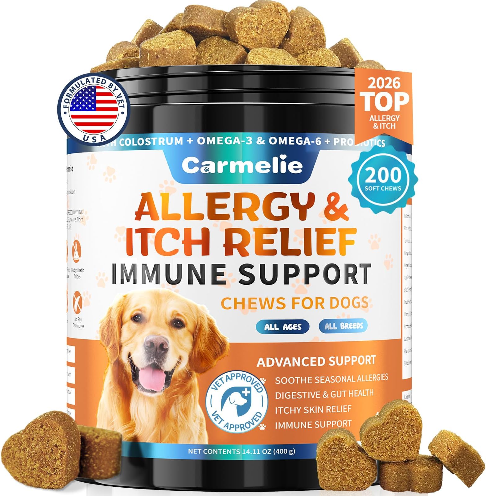 Carmelie Dog Allergy Relief Chews - Dog Itching Skin Relief 200 Chews, Yeast Treatment & Anti Itch Licking Paw, Itchy Skin and Ears for Seasonal Allergies, Probiotics Gut Digestive & Immune Support