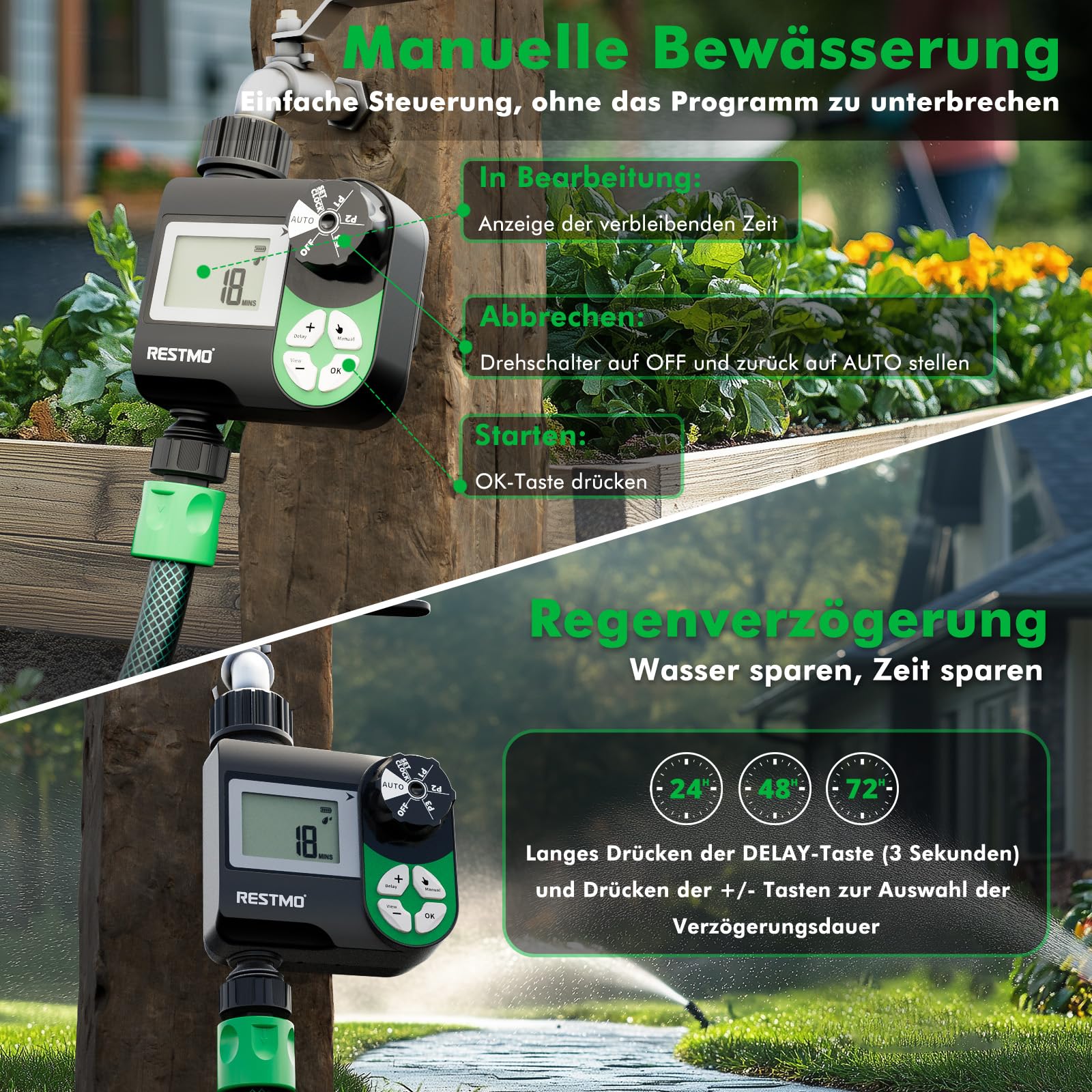 RESTMO programmierbarer Bewässerungscomputer mit wöchentlicher Zeitplansteuerung, 3 Bewässerungsmodi und 3 unabhängigen Programme, Zeitschaltuhr für Außenwasserhahn, Rasen-Bewässerungssystem, 1 Zone