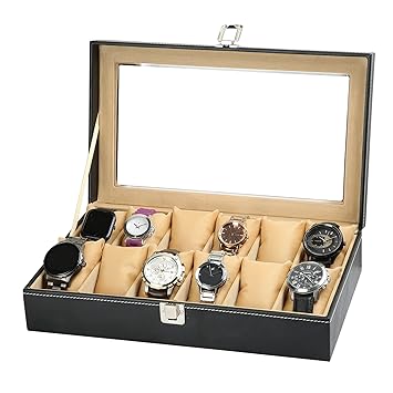 ZENWOOD Black and Beige Unisex 12 Slots Watch Box Organizer PU Leather Watches Display Case Storage Box
