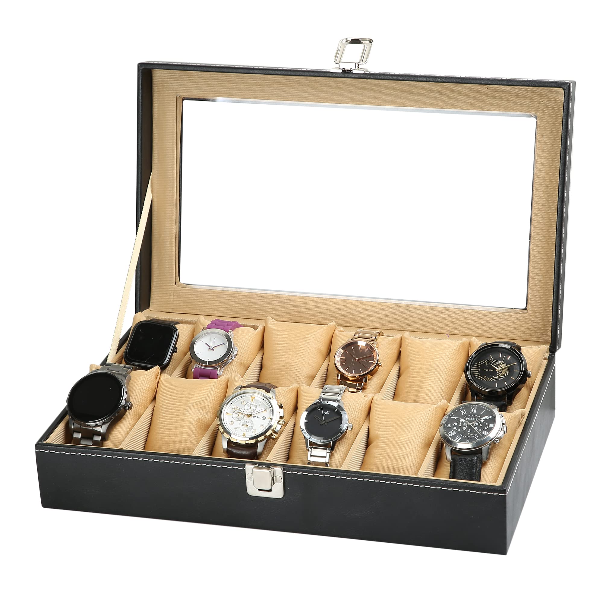 ZENWOOD Mens Womens, 12-Slot Watch Case with Large Glass Lid, Removable Watch Pillows, Watch Box Organizer, Gift for Loved Ones, Black Leatherette, Beige Color Velvet (B0B4T9M8NL) Amazon Price History, Amazon Price Tracker