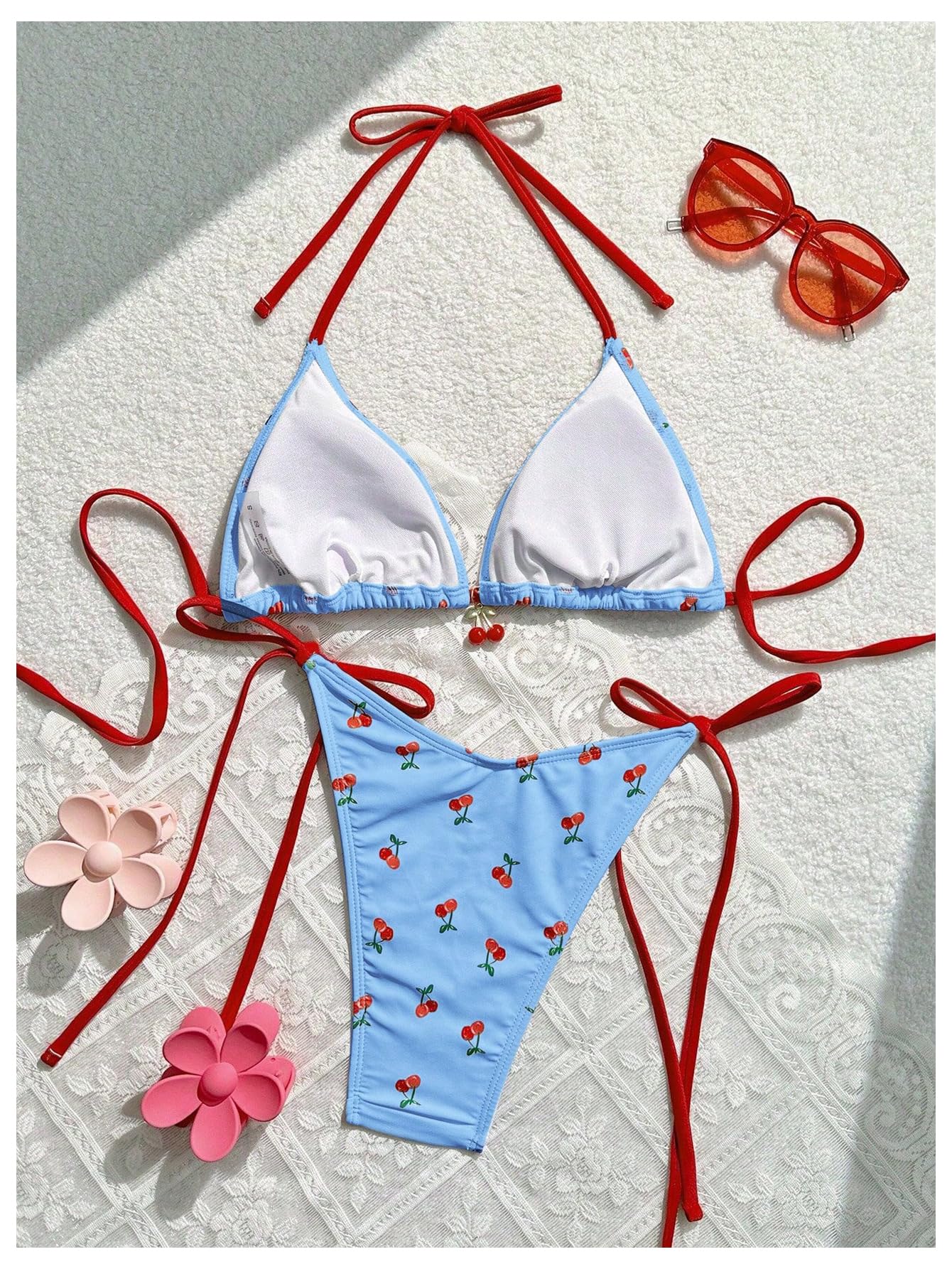 Damski 2-częściowy strój kąpielowy z nadrukiem wiśni bikini zestaw wiązany na szyi trójkątny boczny krawat stringi kostiumy kąpielowe niebieski średni