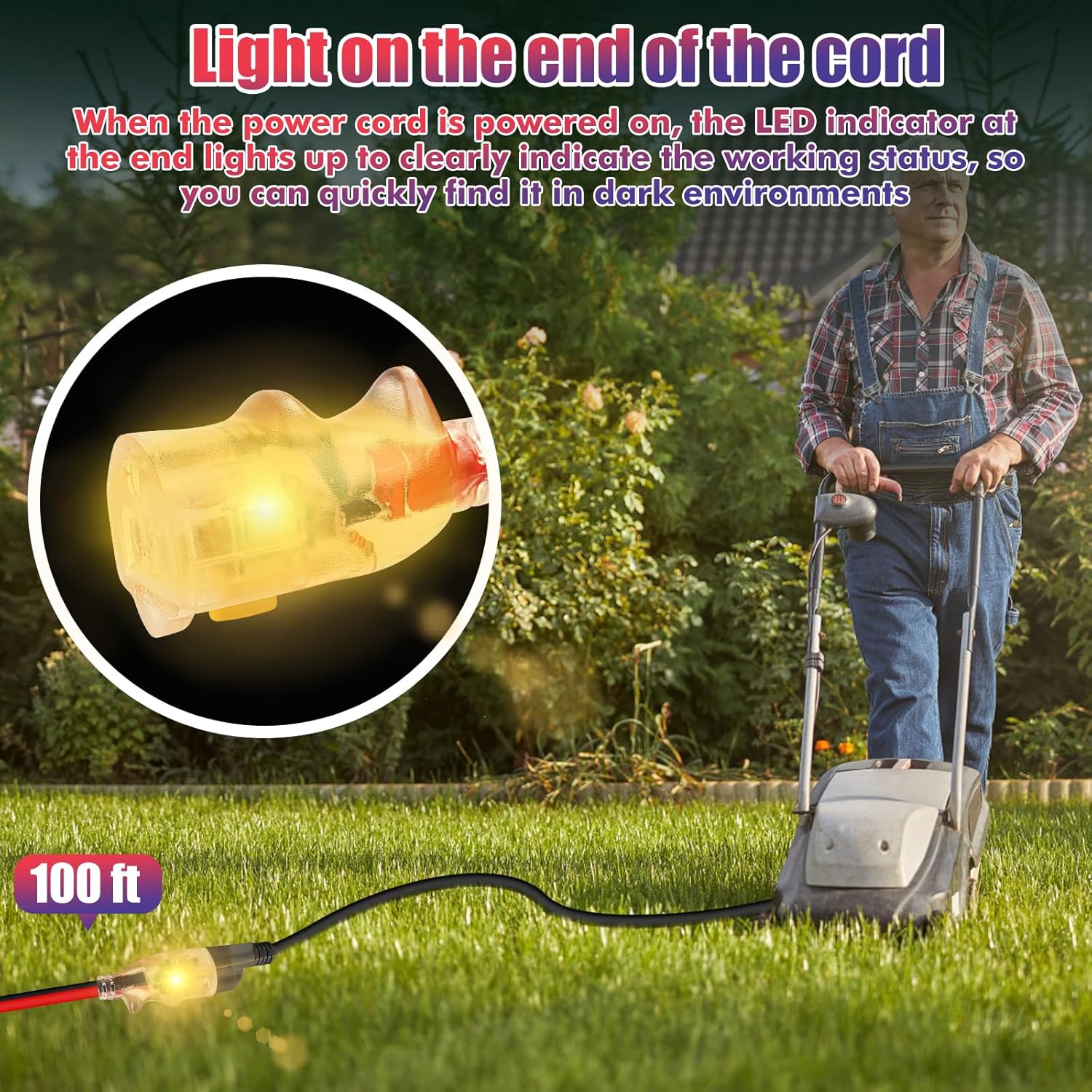 ZPSHYD Outdoor Extension Cord, 100ft 14/3 SJEOW Heavy Duty Waterproof Power Cable 13A 1625W with Lighted End for Job Sites, Long Distance Work, High Power Tools and Equipment