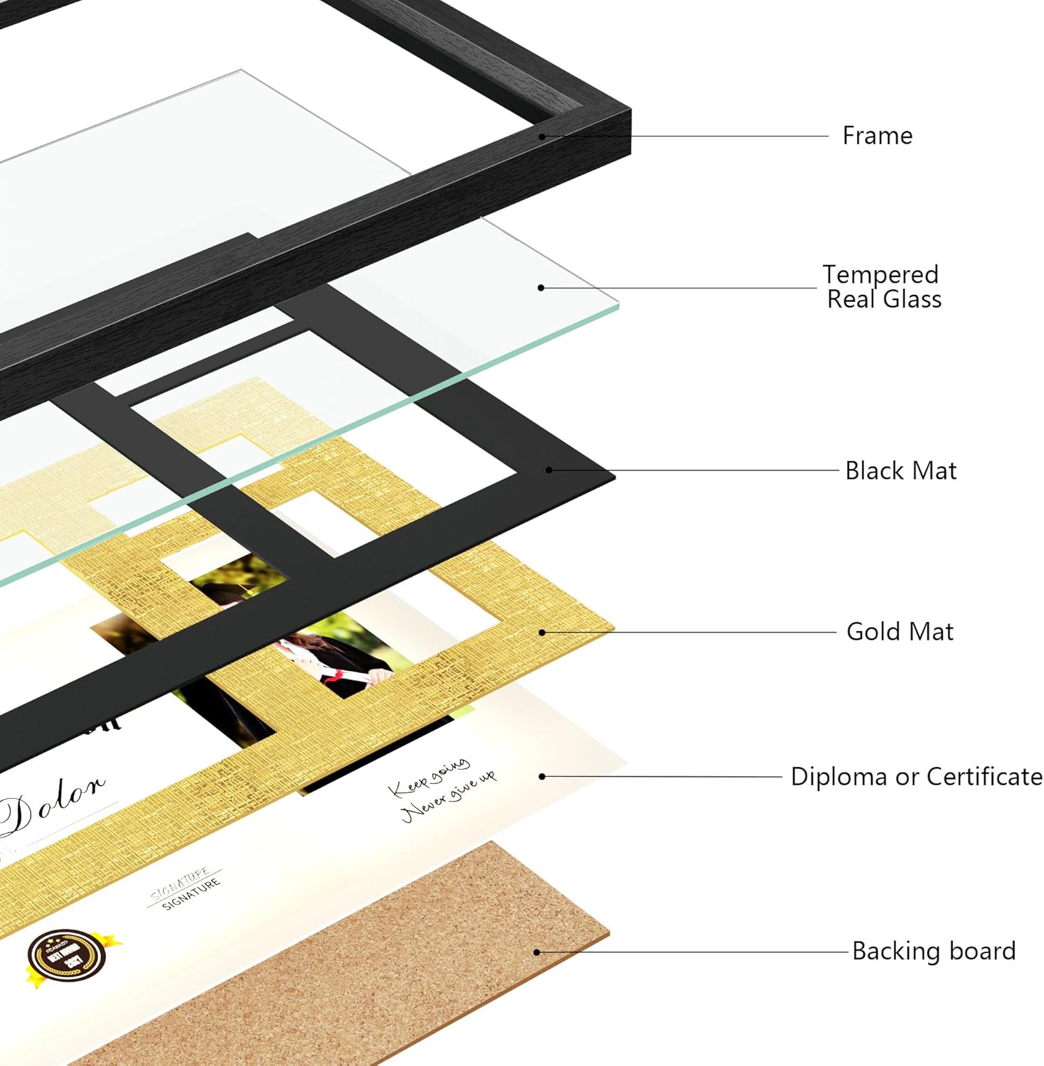 11x18.5 Diploma Frame, Display 8.5x11 Certificate Document and 4x6 Graduation Picture, Graduation Degree Frame with Real Glass and Double Mats, Black Wood Grain