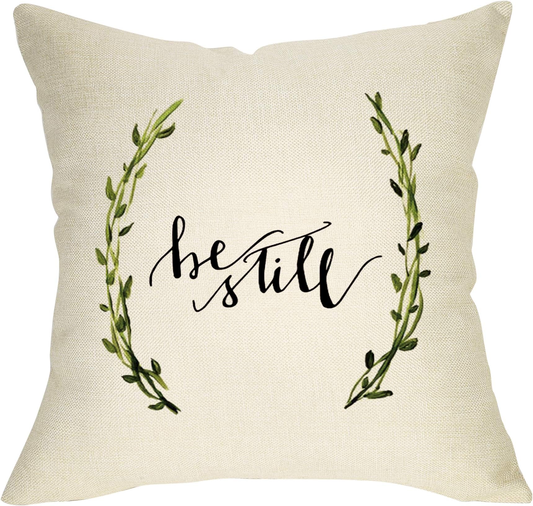 FBCOO Rustic Farmhouse Decorative Throw Pillow Case Be Still with Green Olive Branch Cushion Cover Modern Calligraphy Home Decor 18 x 18 Inch Cotton Linen for Sofa Couch
