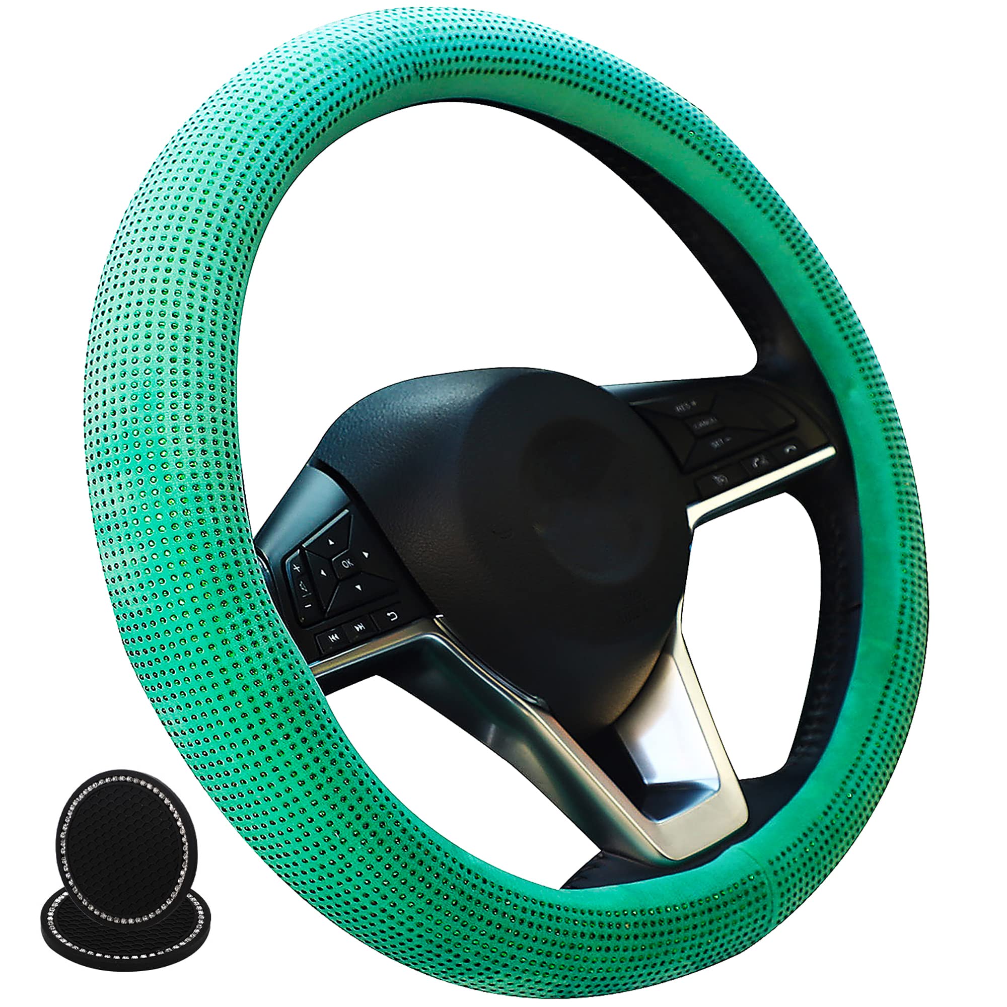 Photo 1 of Andalus Diamond Microfiber Leather with Soft Velvet Car Steering Wheel Cover, Universal 15 Inch - Includes 2pcs Bling Cup Holder Coasters Gift - Bling Crystal Rhinestone (Mint Green)