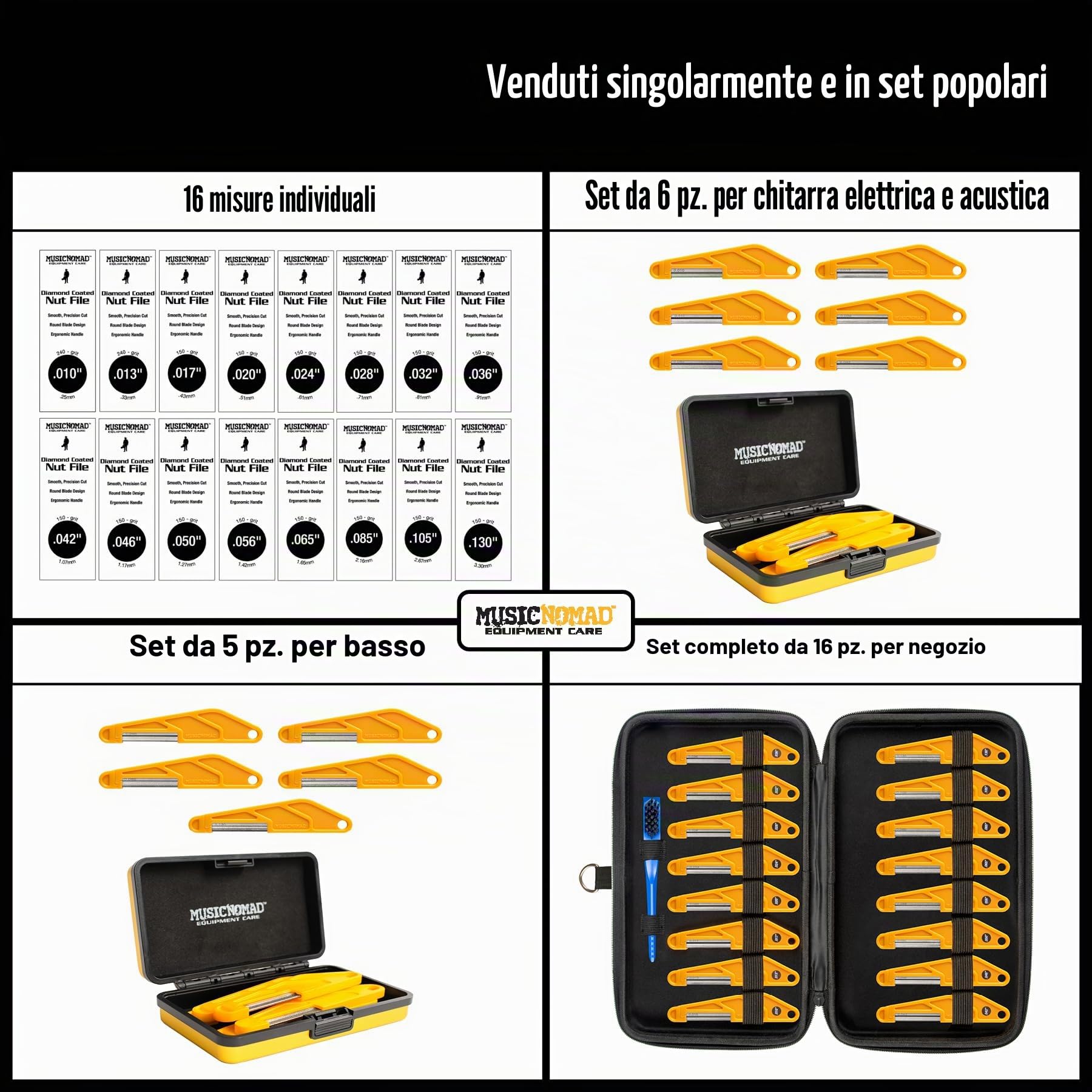 MusicNomad Set di 6 lime per dadi per chitarra elettrica, rivestite in diamante, corde super leggere (MN667)