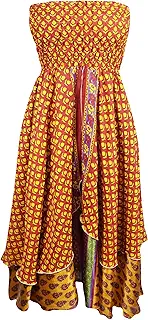 Mogul Interior WomensFloral Vintage Boho Dresses.Strapless Yellow Recycled Sari Boho Chic, Double Layered Dresses S/M