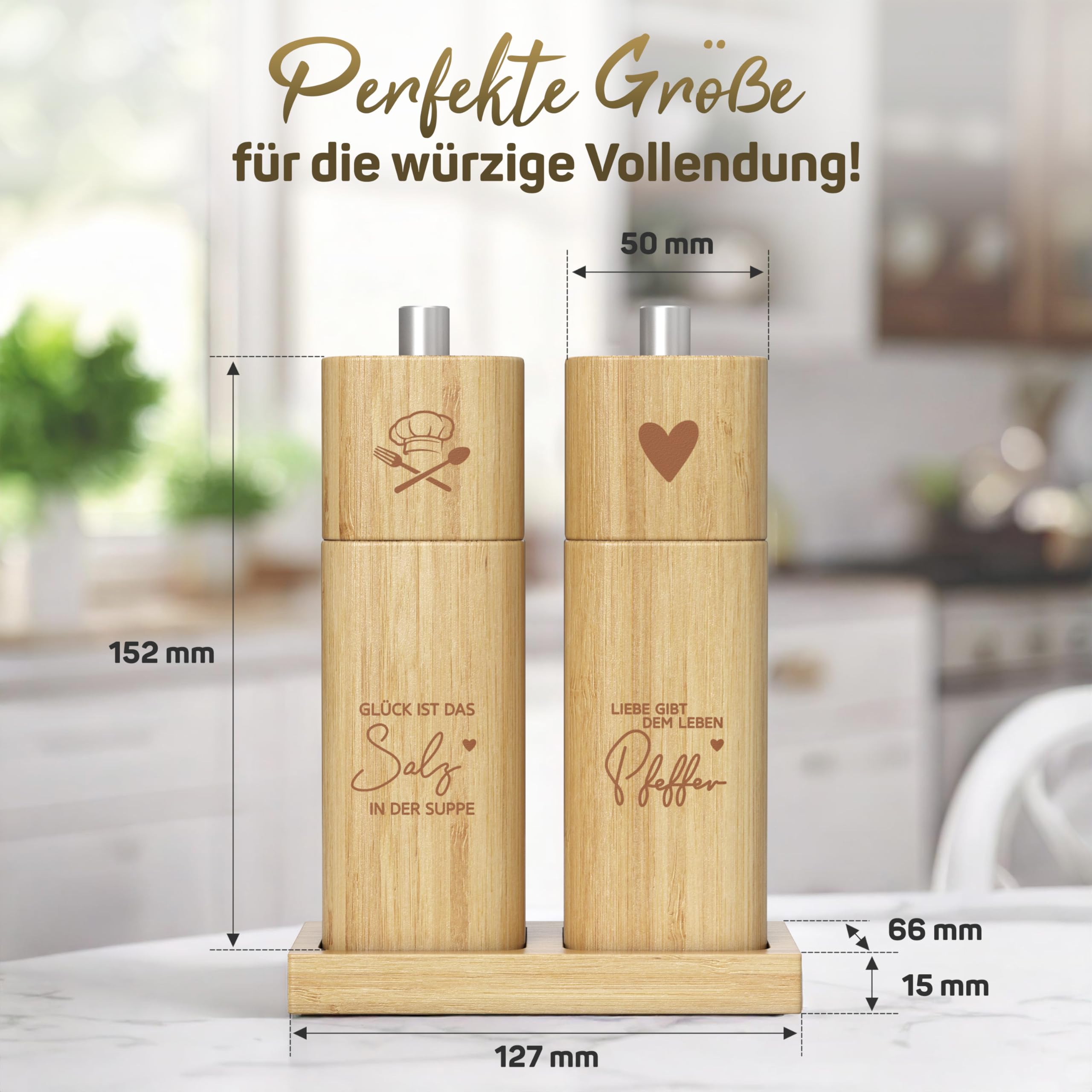 ELBFUCHS® Salz und Pfeffermühle Holz Groß [PERFEKTE GESCHENKIDEE] Liebevolles 2-er Set Pfeffer und Salzmühle mit Keramikmahlwerk | Ideal für Hölzerne Hochzeit Geschenk Einzug, Polterabend