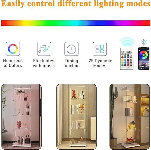 Miniatura 195 de Vitrina de cristal con 4 estantes con tira de luces LED y cerradura, vitrina de vitrina con ruedas y 1 puerta, vitrina de vidrio templado para sala