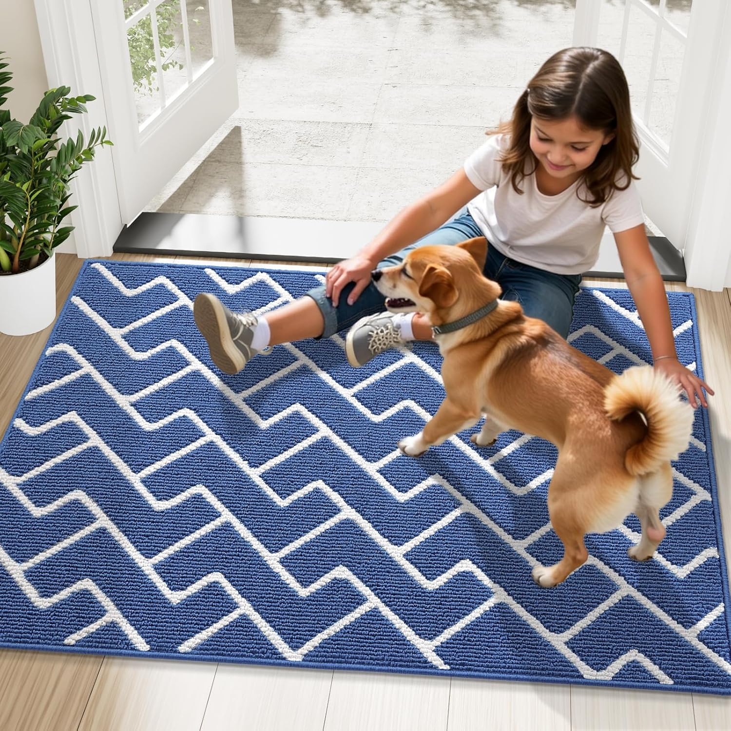 OLANLY Front Door Mat, Non-Slip Rubber Backing, Dirt Resistant and Absorbent, Washable, Easy to Clean Low-Profile Indoor Doormat for Back Door, Entryway, Inside Entrance, 36x24, Navy