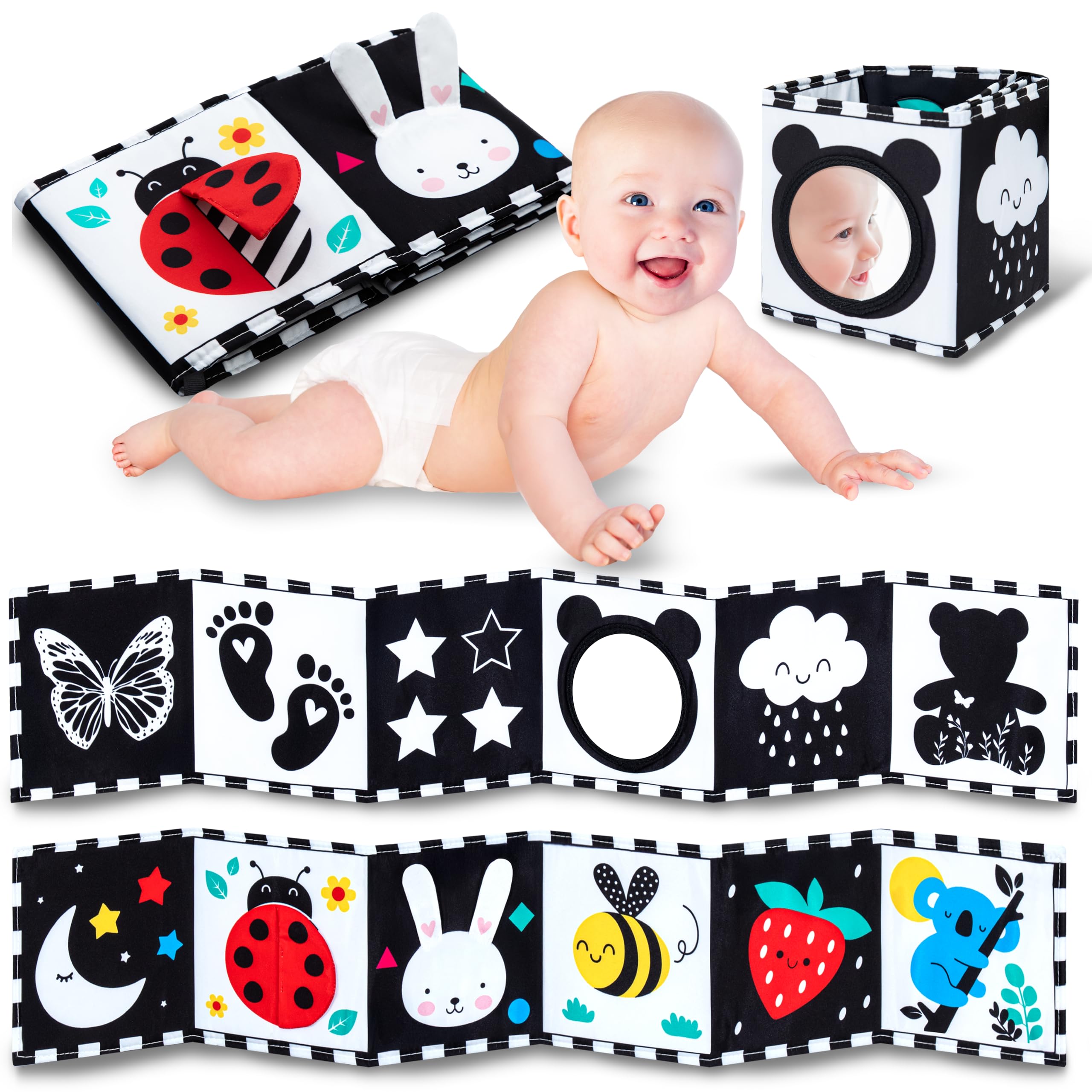 Wellode® Kontrastbuch Baby Mit Teddy Spiegel - Doppelseitiges Schwarz Weiß Stoffbuch - Kontrast Spielzeug Baby 0 12 Monate - Fördert die Visuelle Entwicklung - Italienisches Design, Sicher