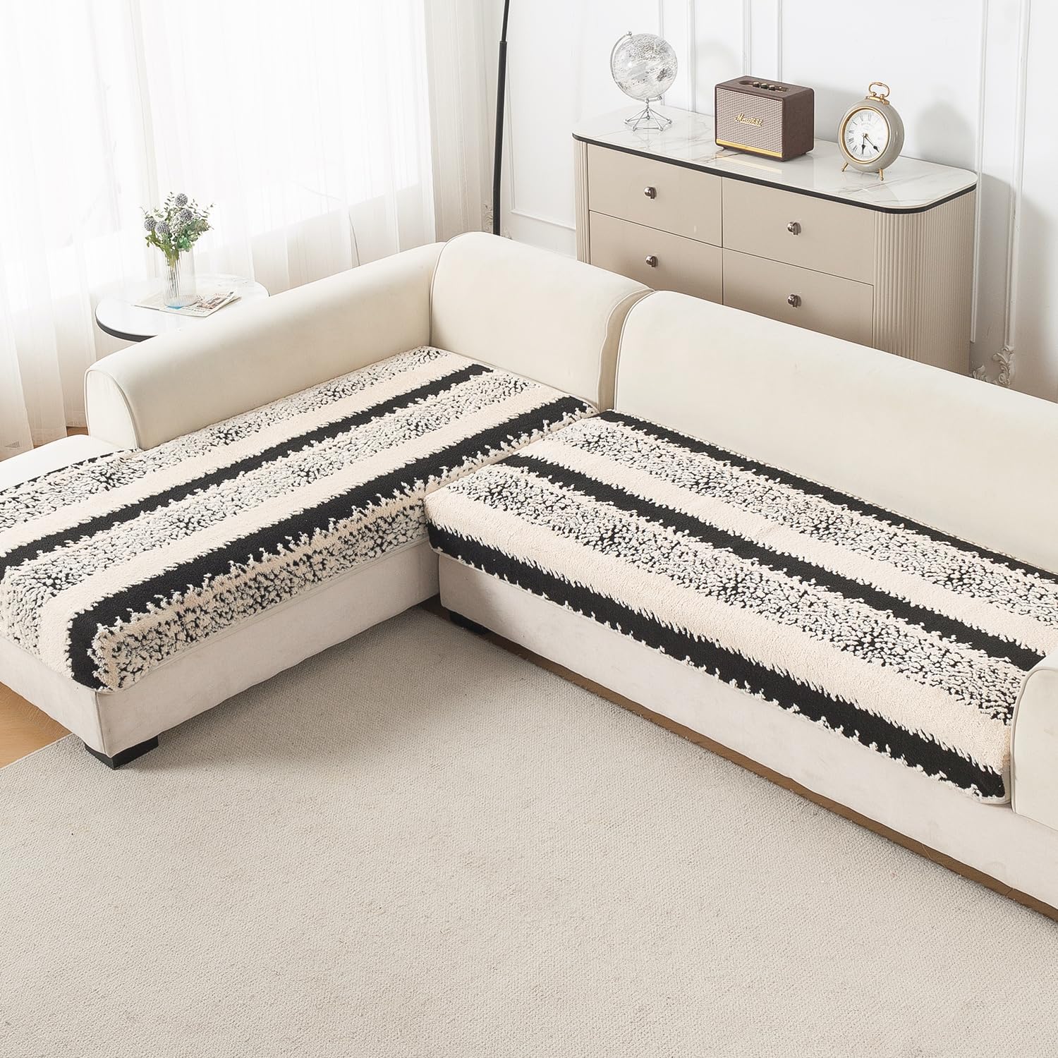 HOKIPO L Shape (3+2 Seater) Sofa Cover Seat Mat | Luxury Soft Plush Mat with Anti-Slip Backing, ‘Noirea Series’, Textured Stripe (AR-6663+6661-D2)-image-34