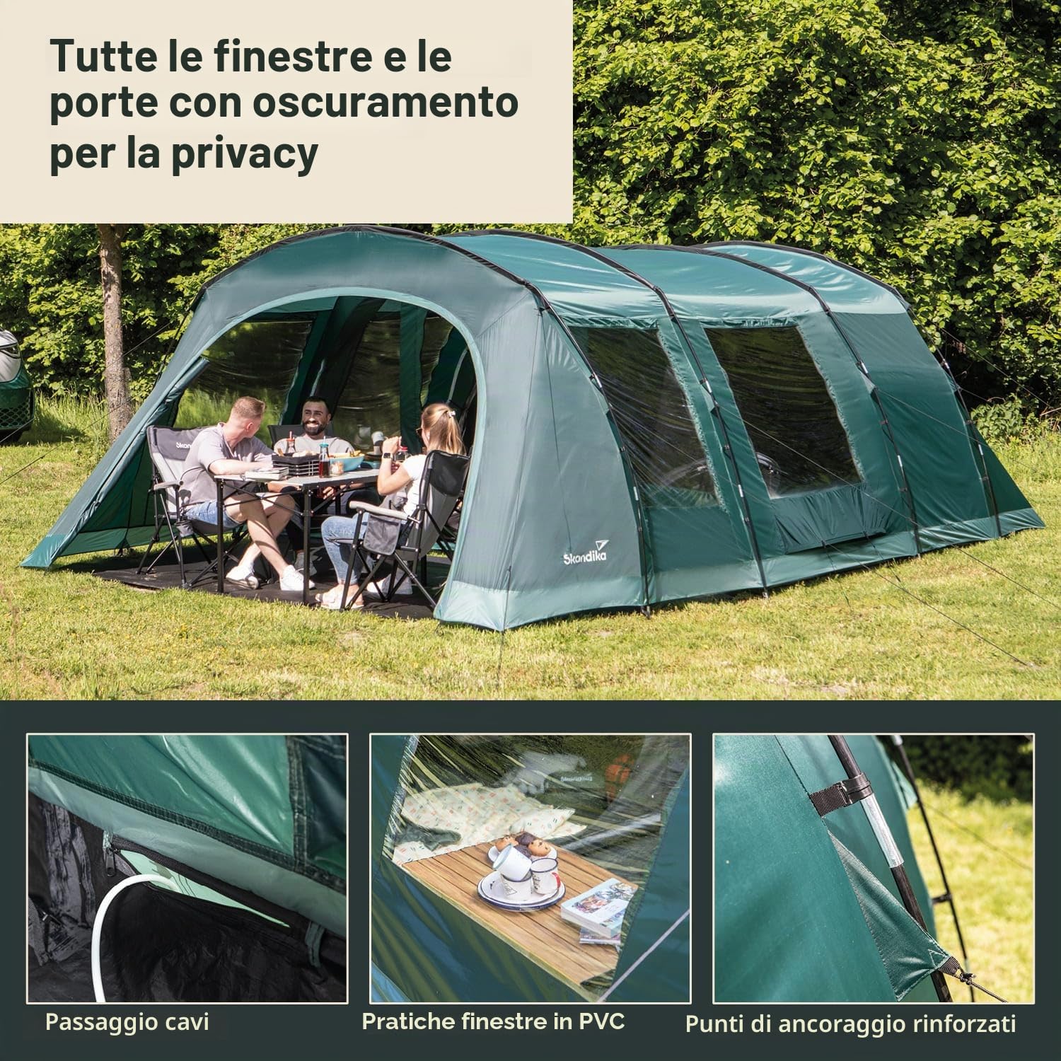 Skandika Kaupanga 6 Protect Tenda da campeggio a tunnel | 6 posti, telo di fondo cucito, impermeabile, colonna d'acqua 3000 mm, cabina letto oscurata