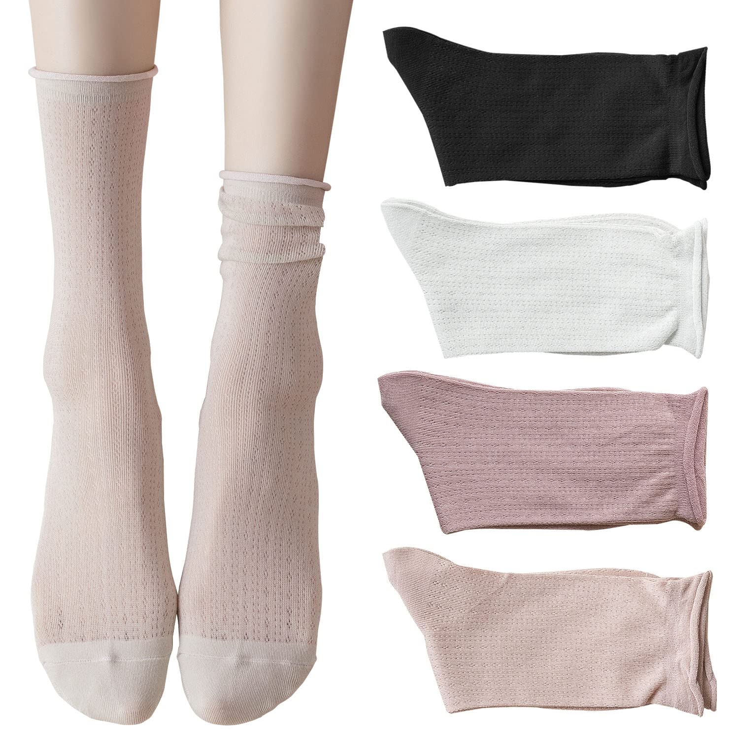 zrylibya Women Cute Roll Top Turn Cuff Slouch Socks Hollow Out Crochet Solid Casual Crew Socks 4 Pairs