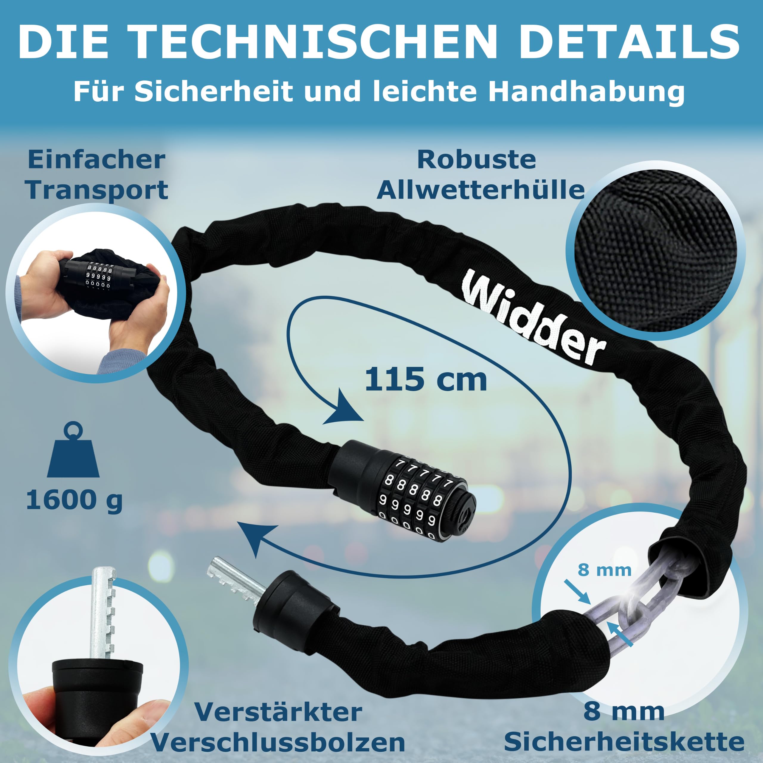 WIDDER Antivol à chaîne sécurisé de 8 mm avec code numérique (120 cm de long, roues à chiffres extra larges, chaîne en acier trempé) – Antivol pour vélo à chiffres haute sécurité – Antivol à