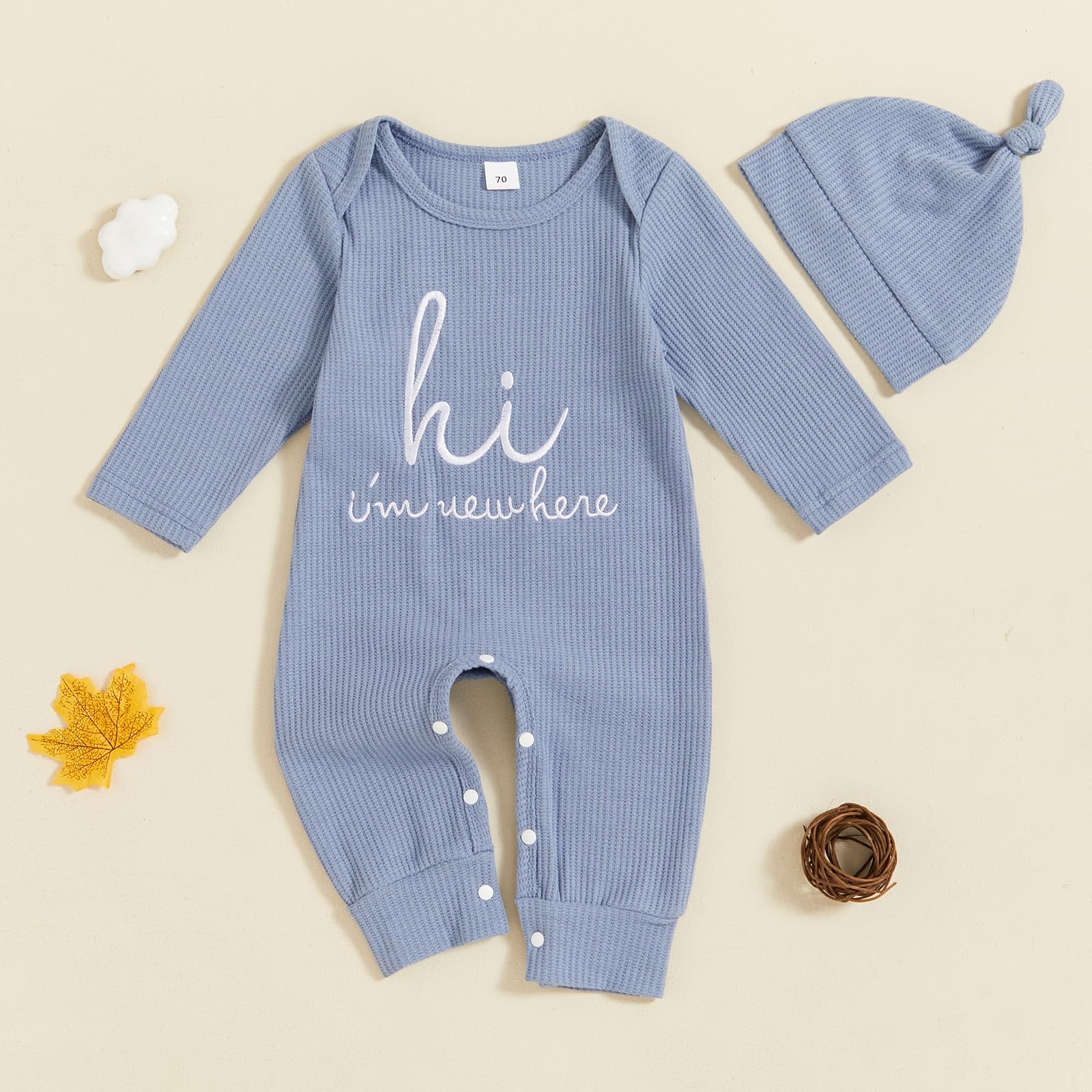 Kayotuas Newborn Baby Boy Clothes Hi I'm New Here Newborn Outfit Coming Home Outfits Fall Long Sleeve Romper Jumpsuit and Hat (Blue, 0-3 Months)