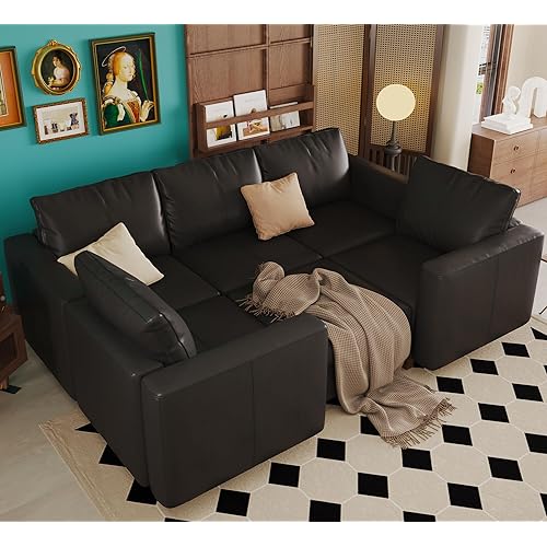 EASE MOOSE Faux Leather Sectional Sleeper Sofa Couch with Storage,Faux Leather Modular Couch with Reversible Chaises Sofa Bed