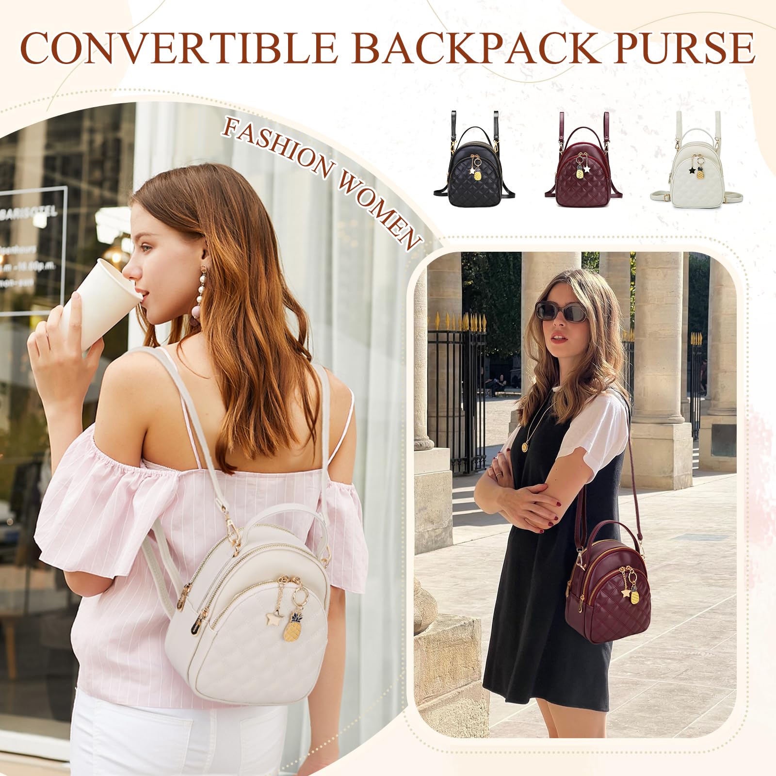 VX VONXURY Mini sac à dos sac à main, Fashion Quilt PU cuir petit sac à dos convertible pour femmes et filles