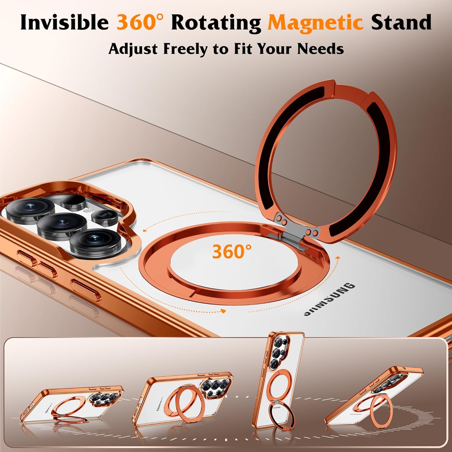 Compatible with Clear Samsung Galaxy S26 Ultra Case with 360° Invisible Magnetic Ring Stand [Compatible with Mag-Safe] Shockproof Plating Phone Case for S26 Ultra 6.9",Orange