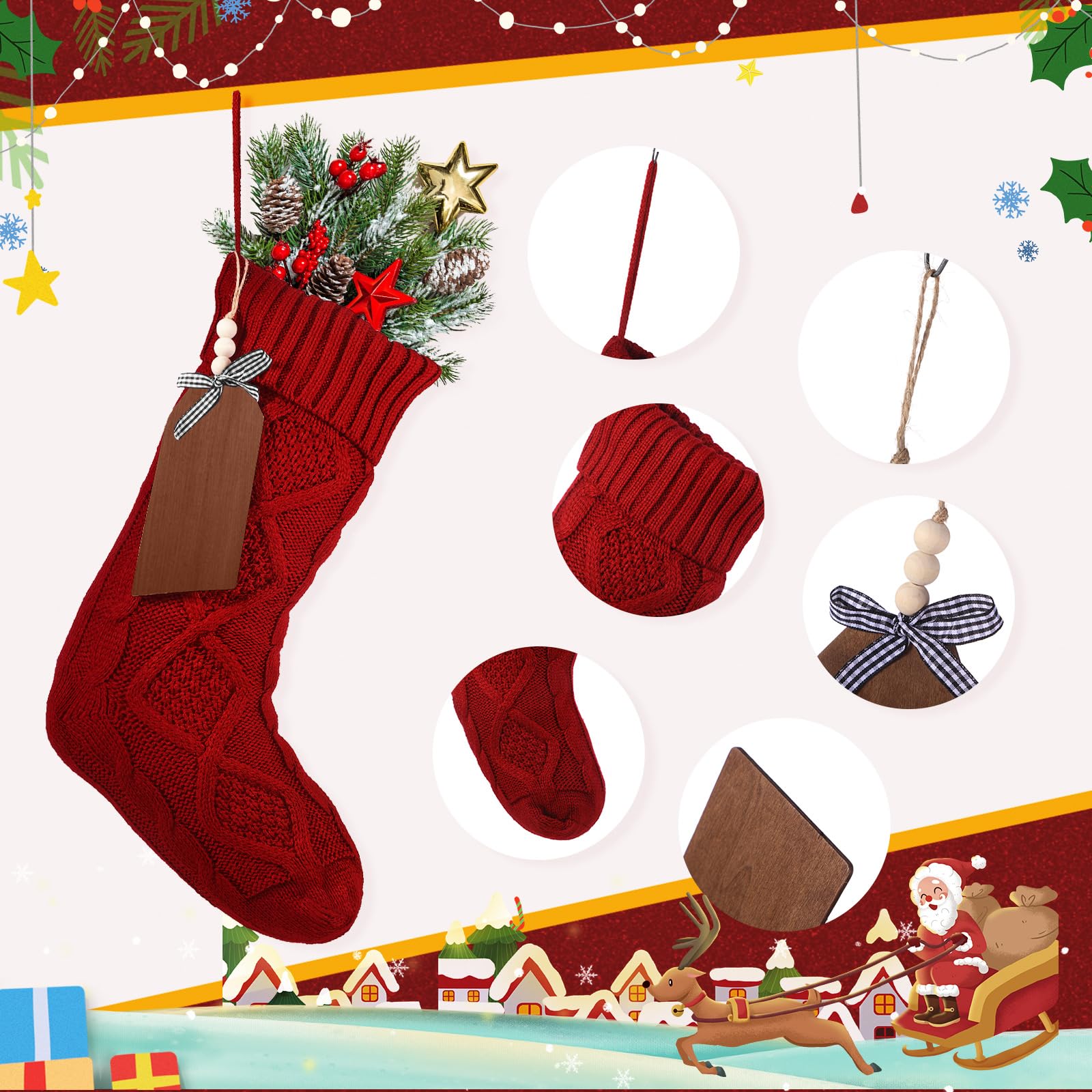 Lot de 16 grandes chaussettes de Noël en tricot torsadé avec étiquettes nominatives pour décoration de fête de Noël - 45,7 cm (rouge, blanc)