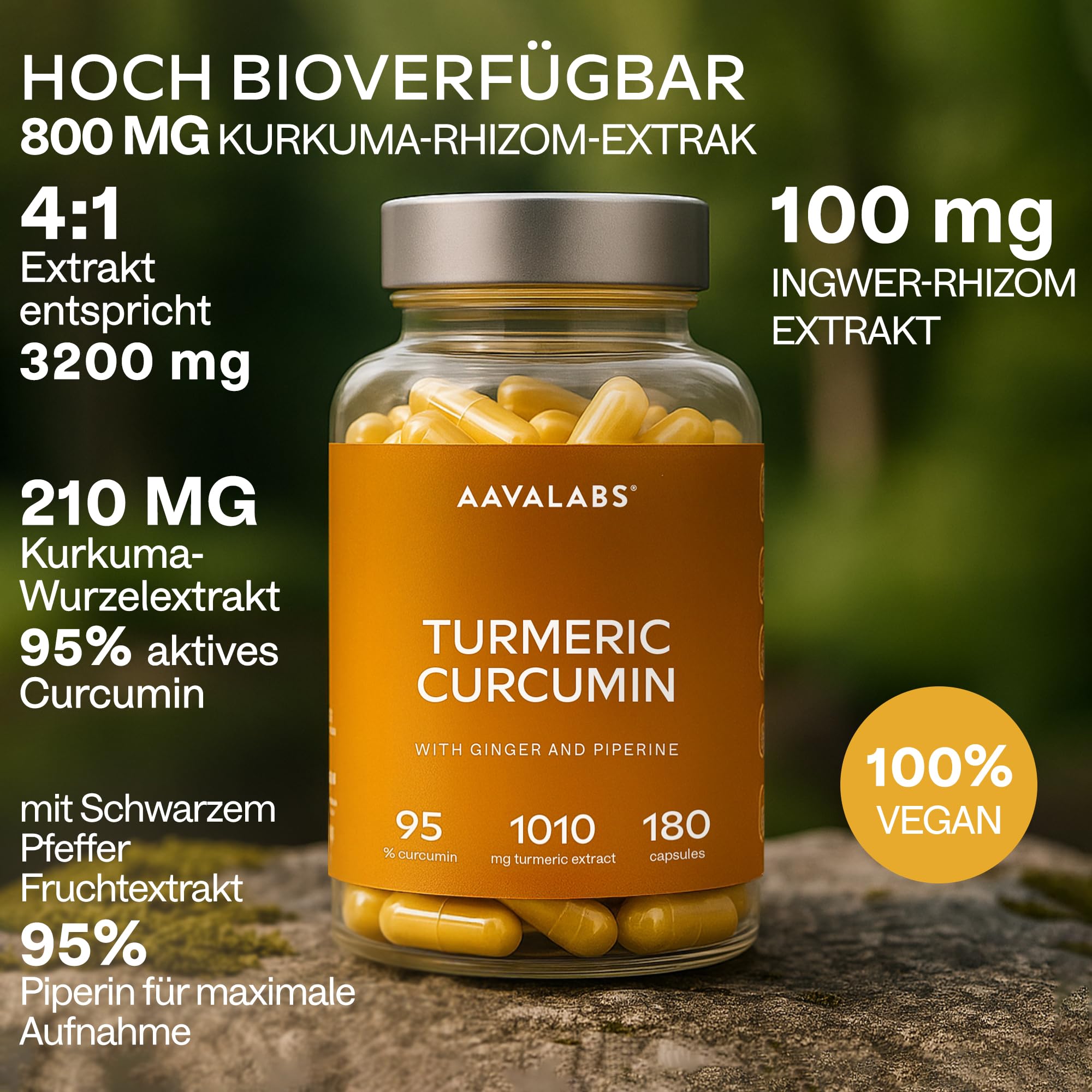 Kurkuma Kapseln Hochdosiert mit 95% Curcumin mit Piperin und Ingwer Kapseln Aavalabs - Curcumin Kapseln Vegan & Laborgeprüft - 180 Curcuma Kapseln Hochdosiert [Turmeric Capsules]