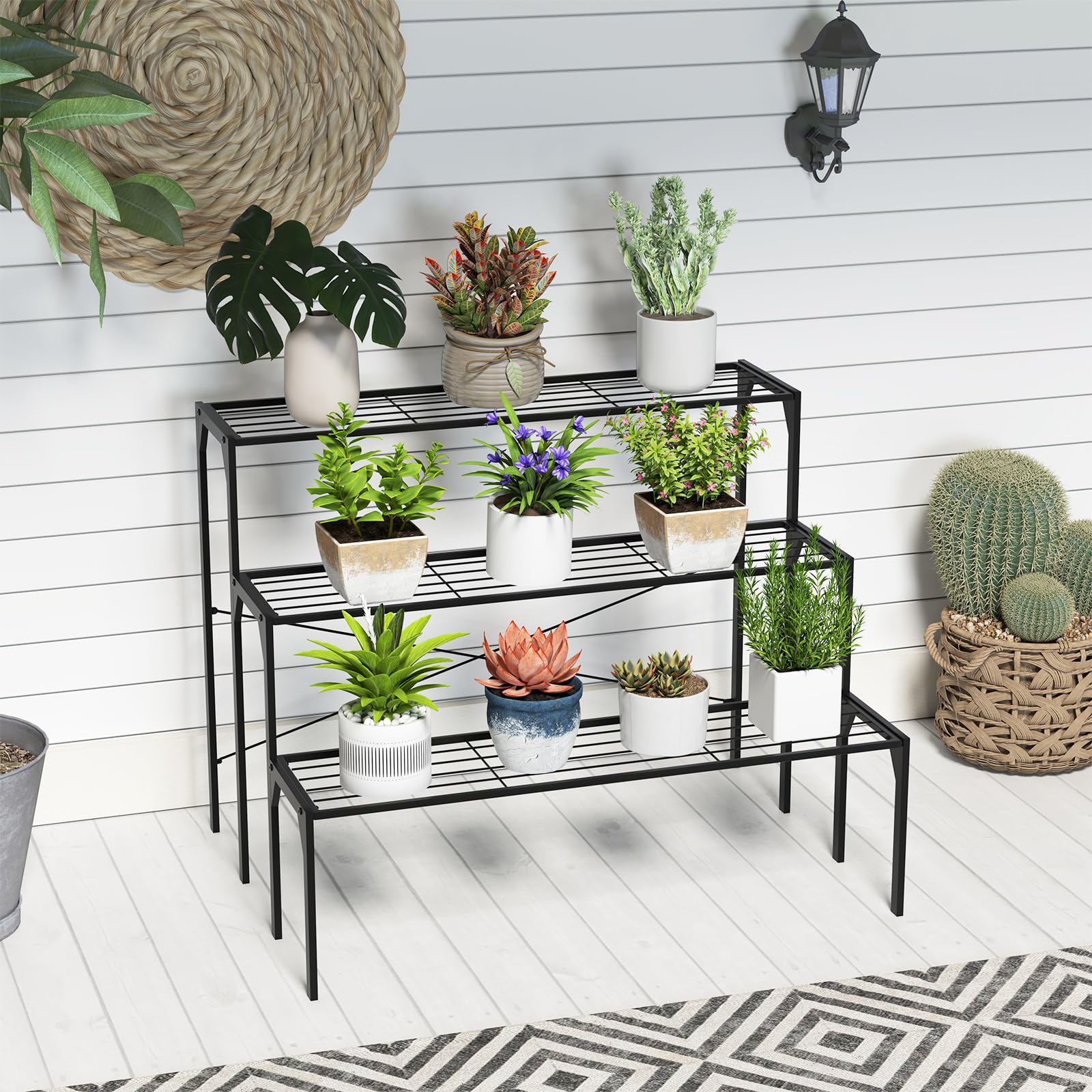 COSTWAY Support de Plantes en Métal à 3 Niveaux, Coussinets Antidérapants | Étagère Échelle à Fleurs pour Balcons, Terrasses, Jardins et Salons, 85 x 65 x 66 cm