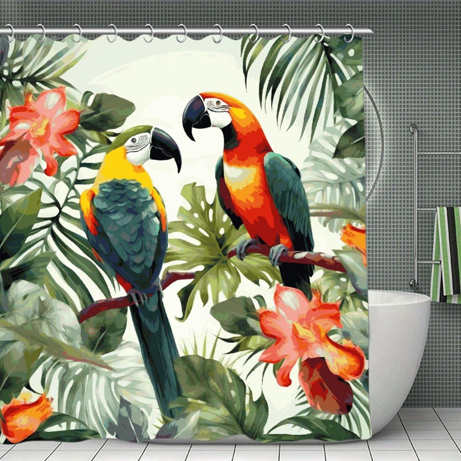 JTREHY Toucans Parrot Palm Tree Leaves Shower Curtain Waterproof Bathroom Shower Curtain Machine Washable Bath Curtains Polyester Cloth Bath Curtains for Bathroom Showers 70.8×70.8Inch