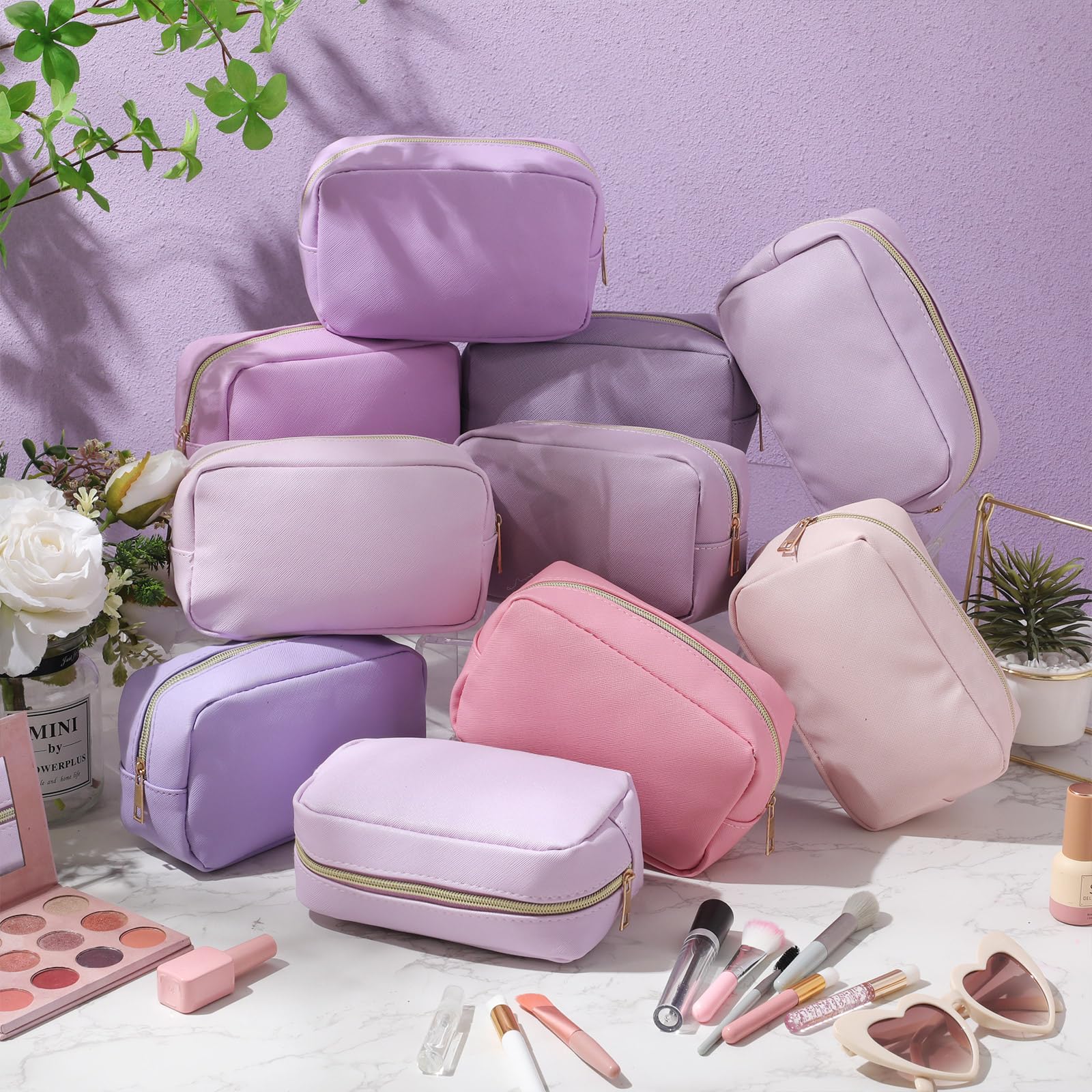 Sweetude Make-up-Tasche für Brautjungfer, Geschenk, Hochzeit, Junggesellinnenabschied, DIY, Kulturbeutel, PU-Leder, Hautpflege, kleine Make-up-Tasche für Damen, 10 Stück, Purpur, Adrett