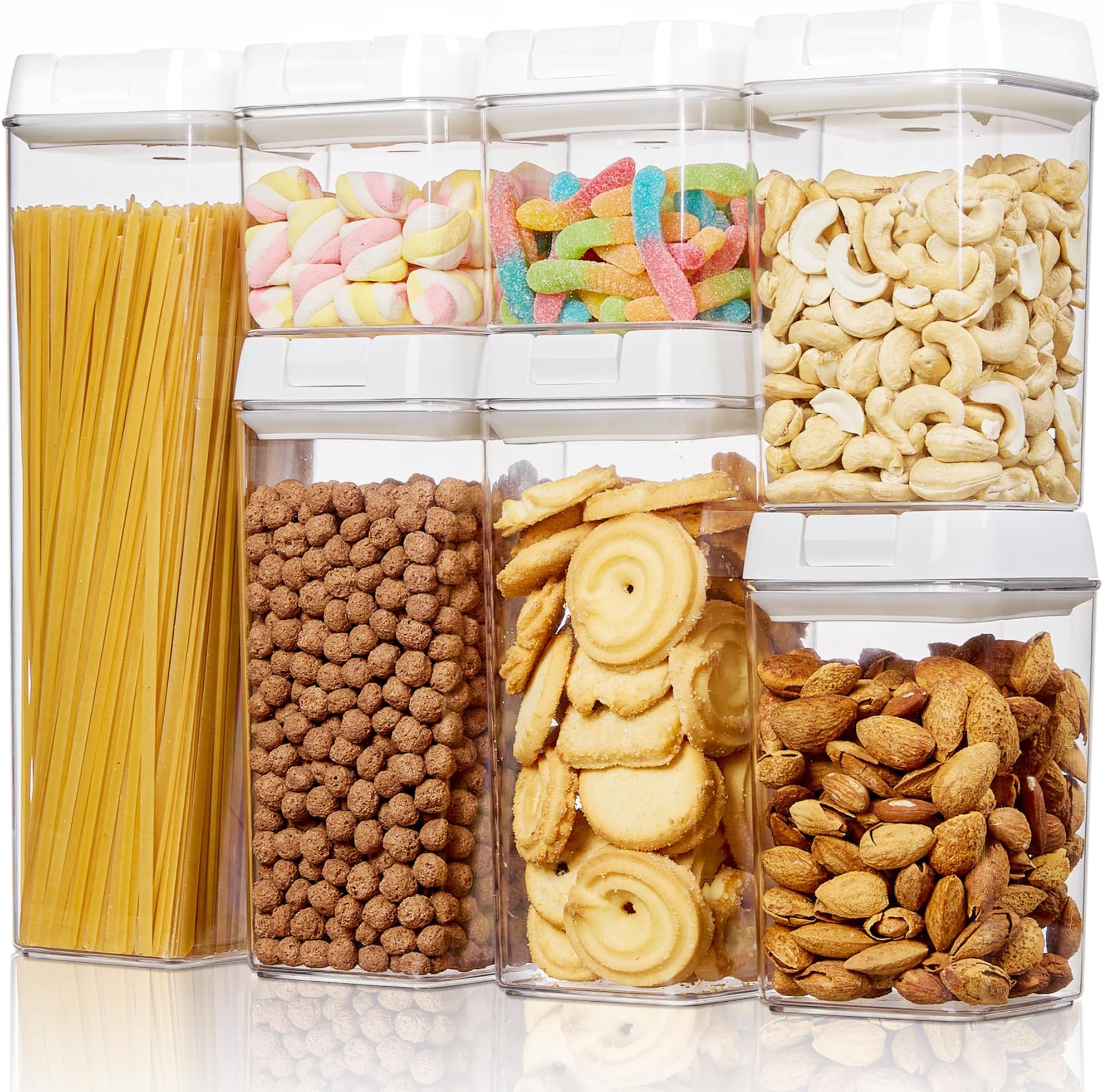 Vtopmart Airtight Food Storage Containers, 7 Pieces BPA Free Plastic Cereal Organizer Canisters with Easy Lock Lids, for Kitchen Pantry Organization, 24 Labels, White