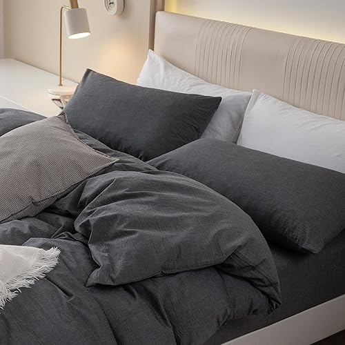 Miniatura 8 de JIYUAN Juego de funda de edredón 100% algodón lavado, cómodo, estilo simple, suave, transpirable, texturizado, duradero, sensación de lino para