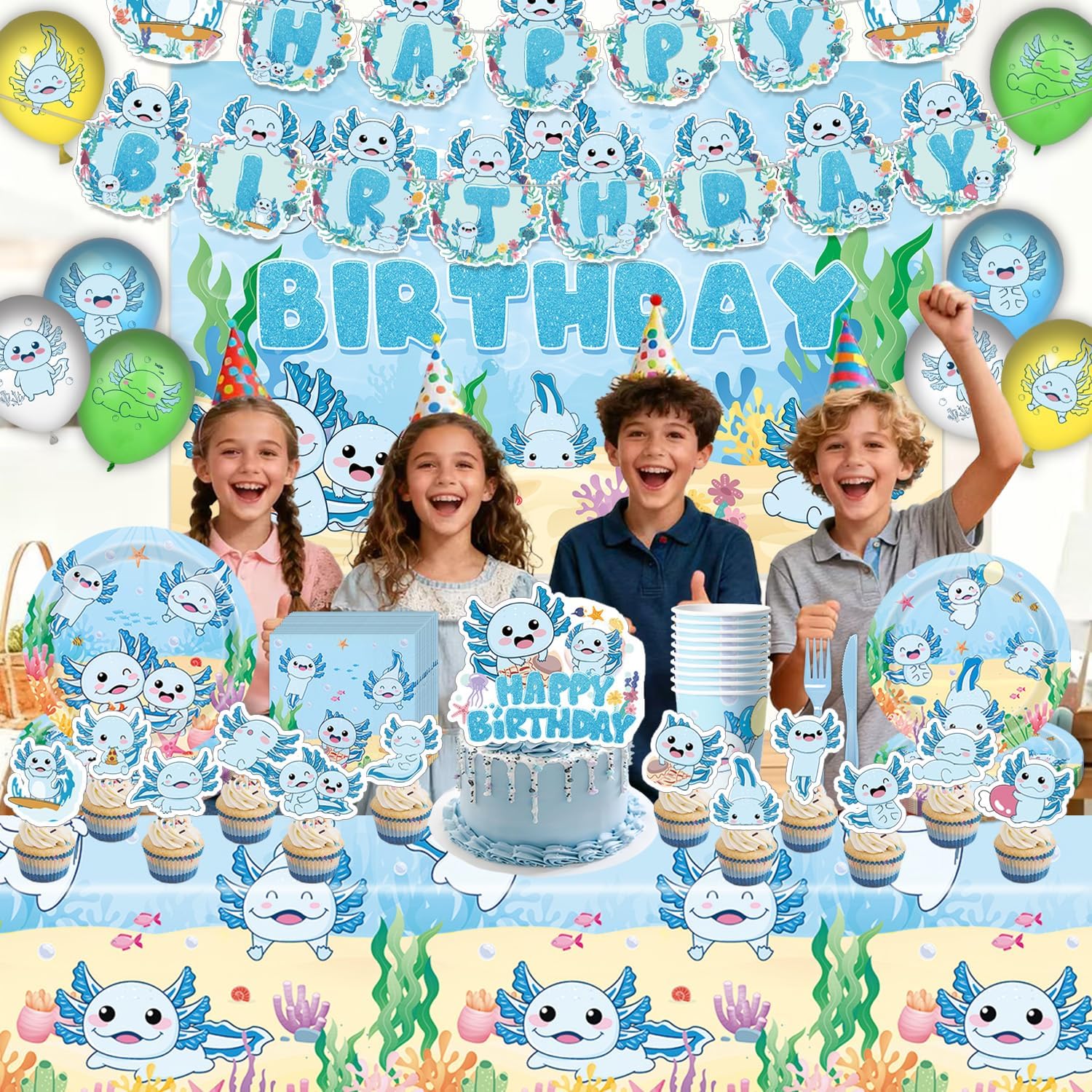 114Pcs Blue Axolotl Birthday Party Supplies Include Banner-Backdrop-Balloons-Cake Topper-Cupcake Toppers-Tableware-Plates-Napkins-Cups-Cutlery-Tablecloth for Blue Axolotl Party Decorations - Image 5