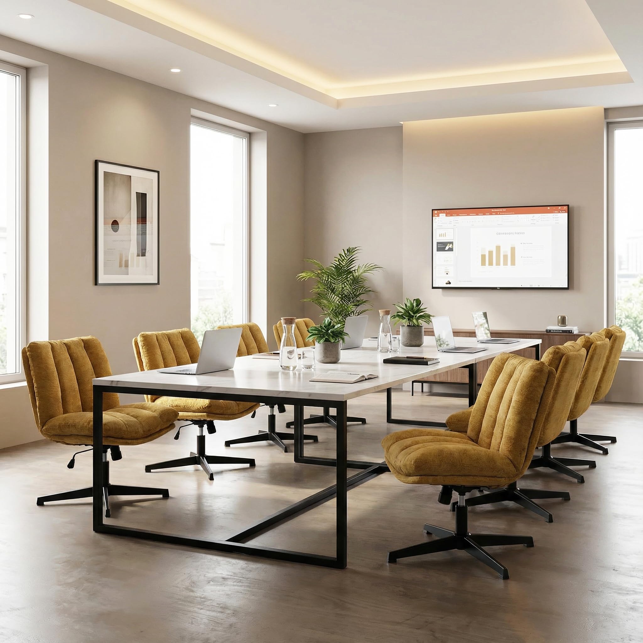 MEUBLE Cosy Silla de Oficina Giratoria 360° Función de Inclinación, Altura Ajustable, Acolchada con Espuma en Tela, para Escritorio Estudio, sin Ruedas, Amarillo