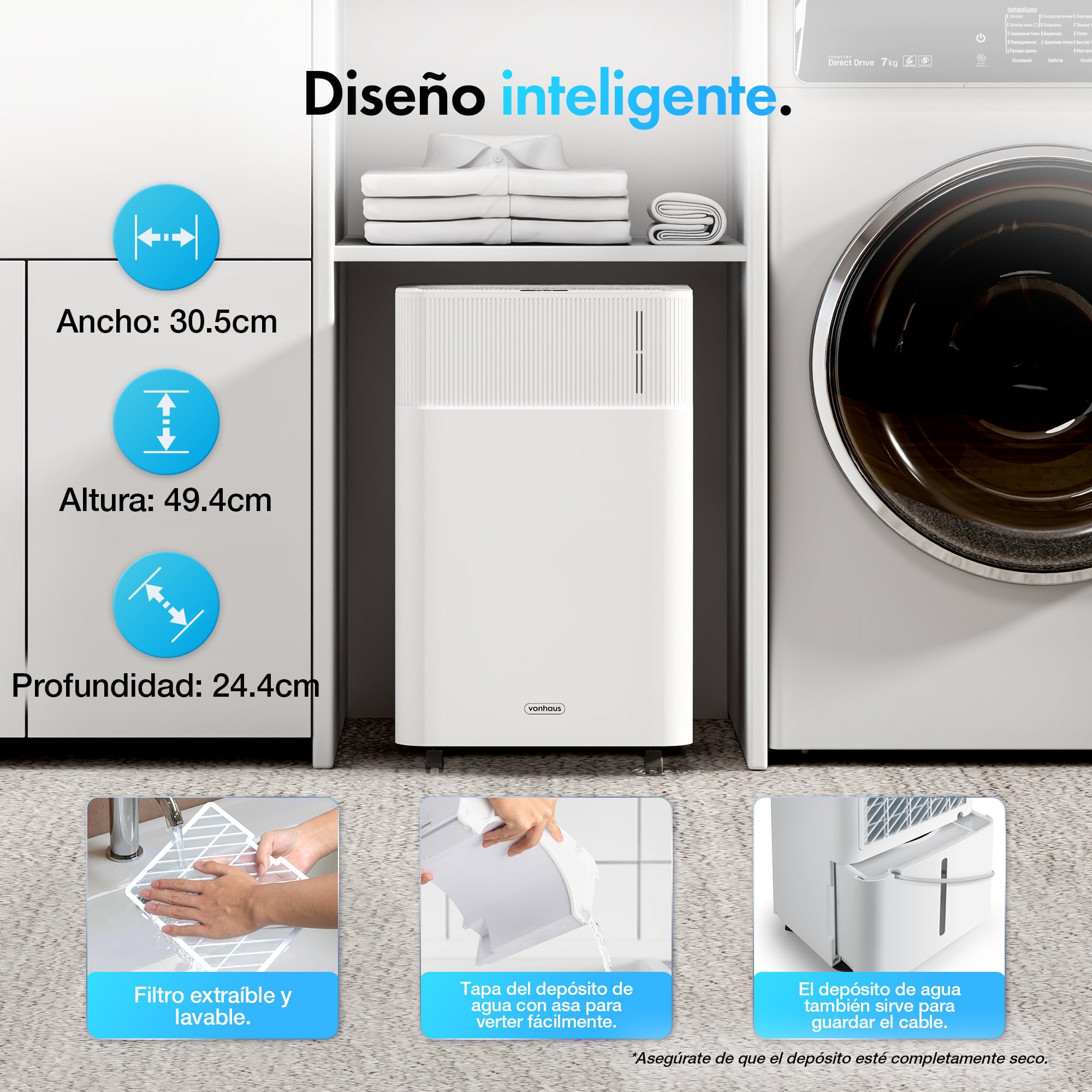 VonHaus Deshumidificador 20L Bajo Consumo para Casa Depósito de Agua de 4,5 L – Deshumidificador WiFi para Secar Ropa Previene el Moho y los Malos Olores – Ideal para Casa