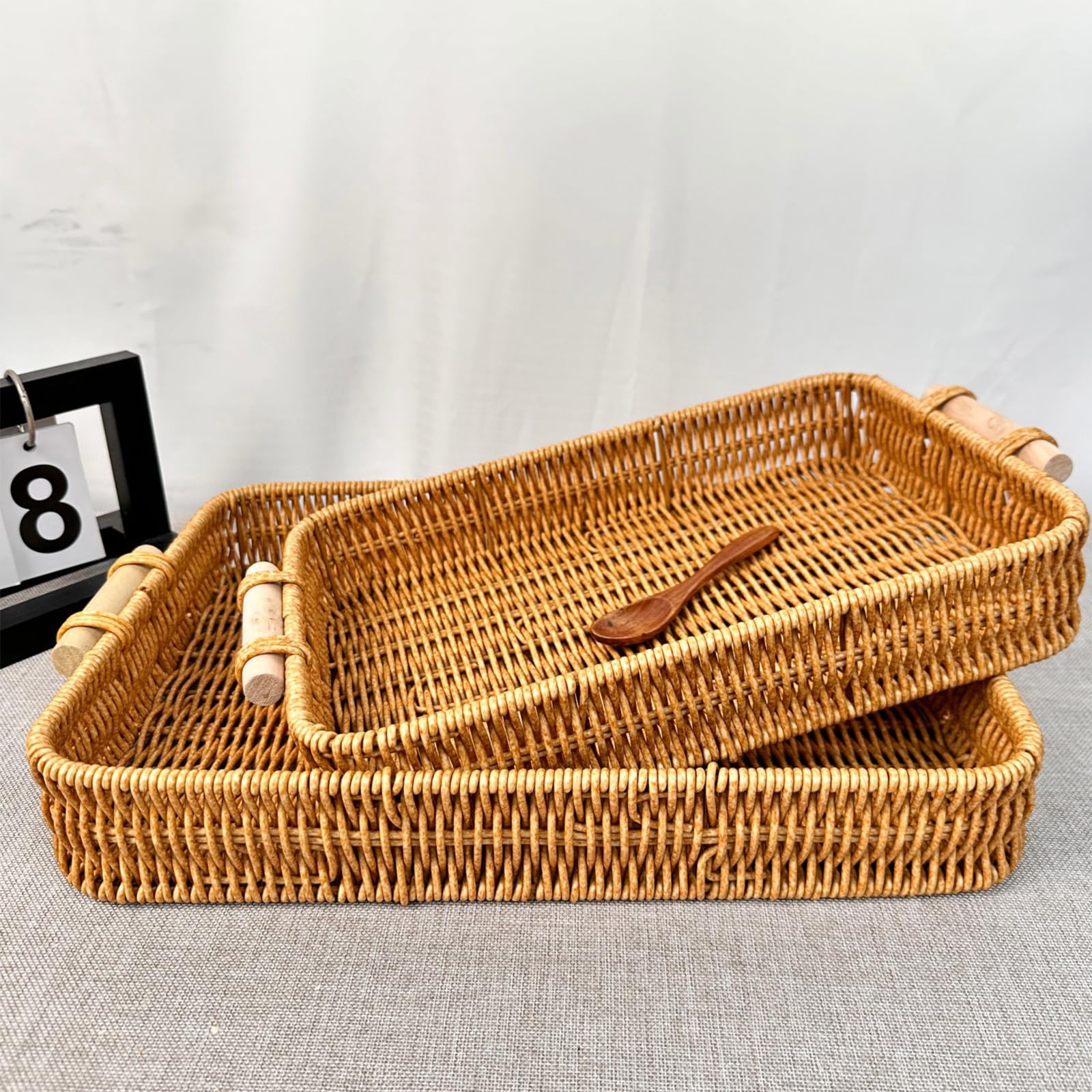 Wicker Basket Serving Tray with Handles Handwoven Rattan Storage Sofa Table Trays Decorative Organizer Tray for Eating Fruit Breakfast Food Coffee Bread Gift for Women, Set of 2 - Image 7