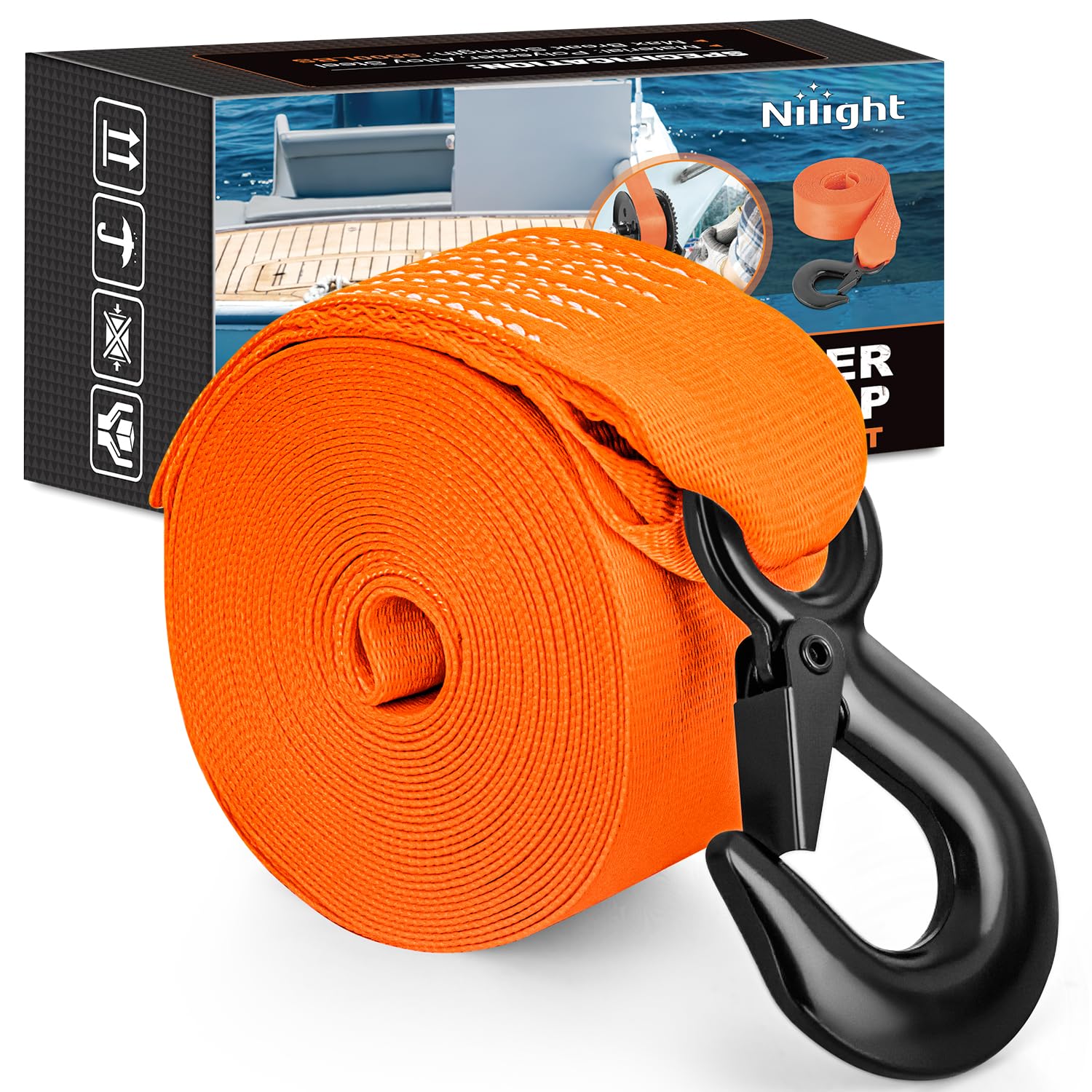 Nilight Boat Trailer Winch Strap 2" x 20' with Steel Hook