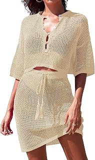 2 Piece Crochet Swimsuit Cover Ups for Women Hollow Out Knitted Bathing Suit Coverup Beach Crop Top and Skirt Sets