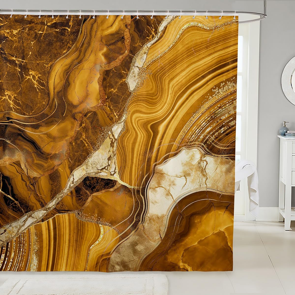 Erosebridal Yellow Gold Marble Shower Curtain 72" Wx84 L, Marbling Crack Bathroom Shower Curtain Sets, Abstract Metallic Texture Fabric Shower Curtain
