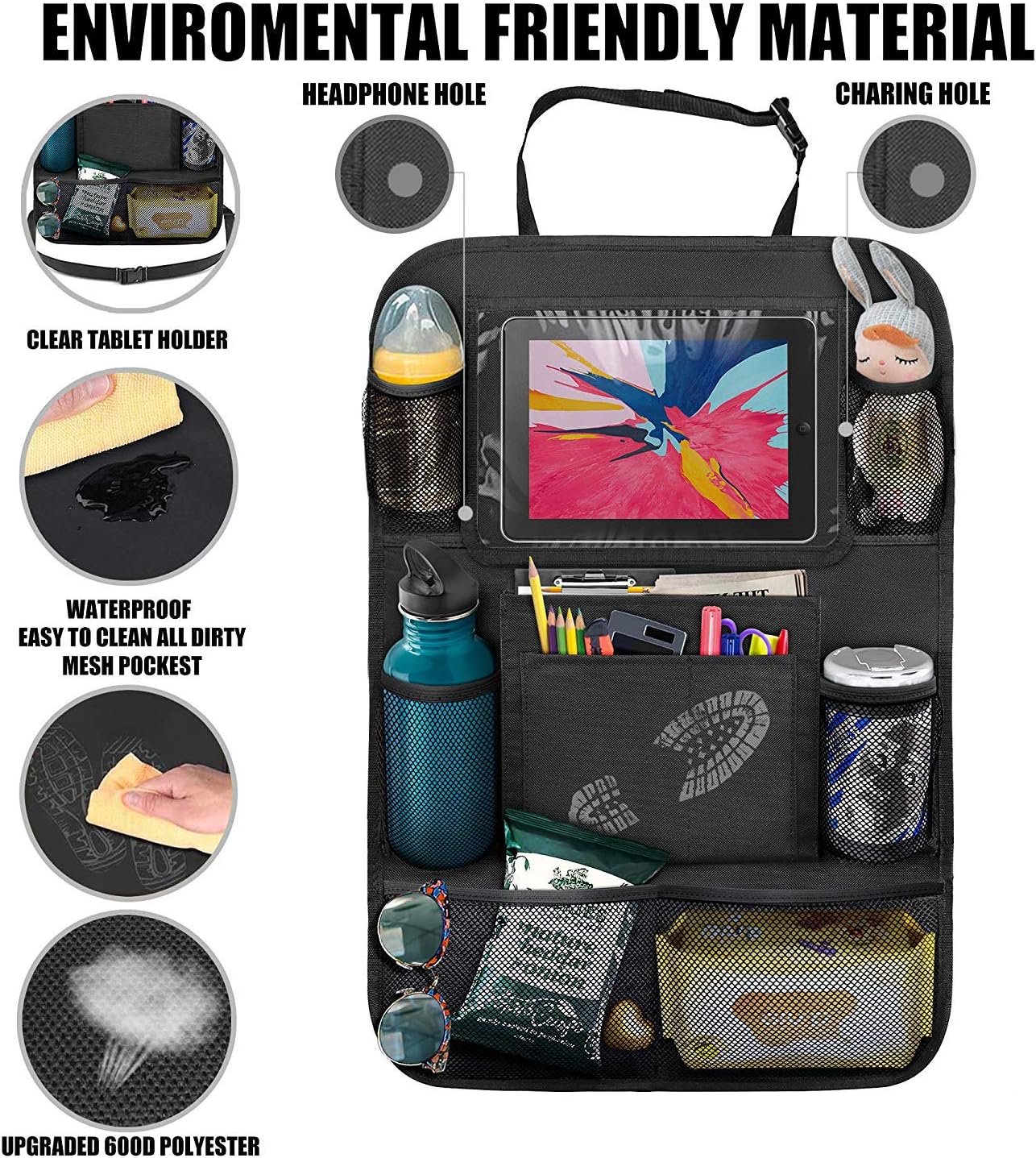 Car Backseat Organizer, Kick Mats Multi-Pocket Car Seat Back Protectors with Clear Touch Screen Tablet Holder and 9 Storage Pockets Back Seat Storage Bag, Travel Accessories for Kids (2 Pack)