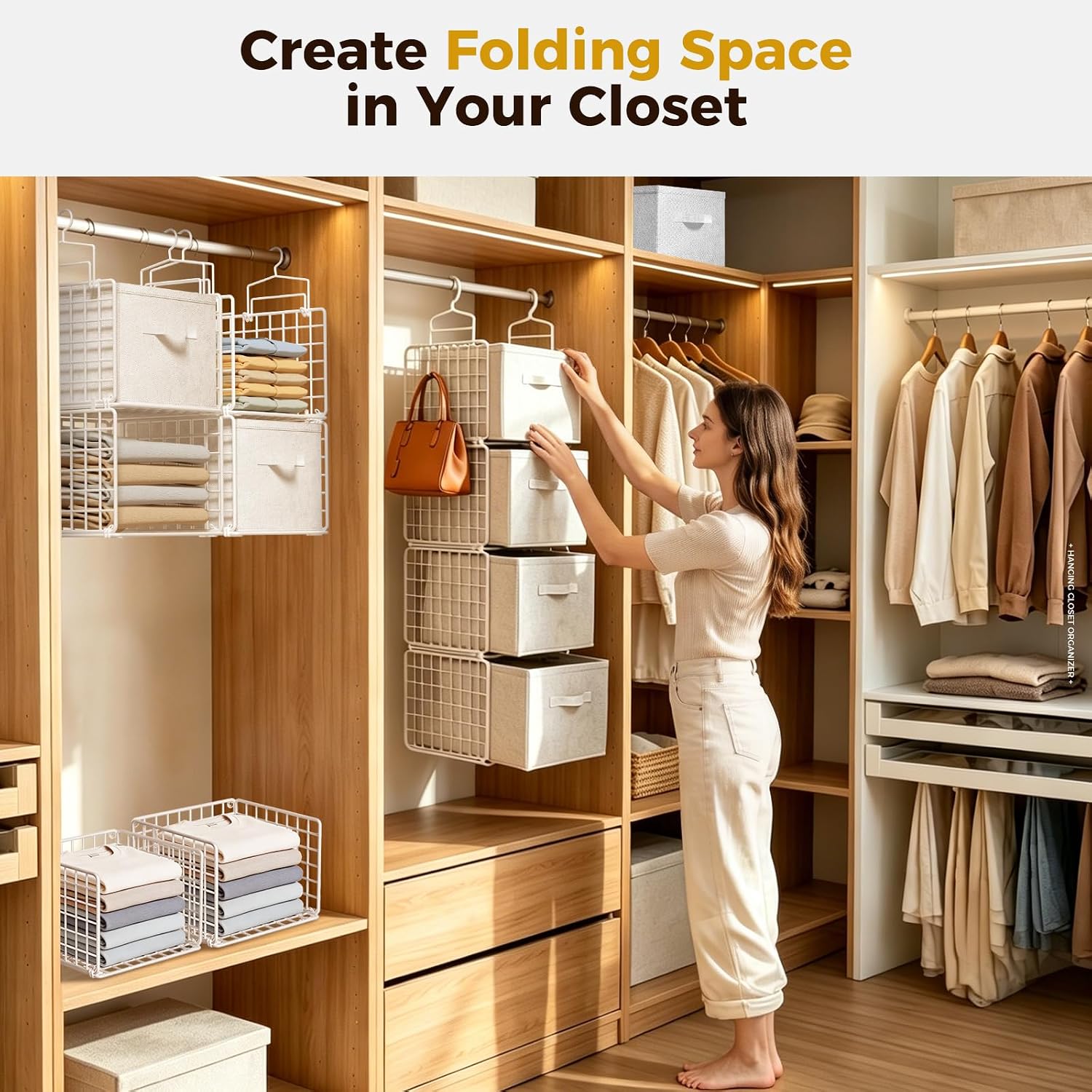 4 Tier Hanging Closet Organizer with 4 Drawers, Metal Closet Organizers and Storage with 4 Hanging Hooks for Wardrobe Laundry Room Garage, Wire Storage Shelf for Clothes Sweaters Pants, White