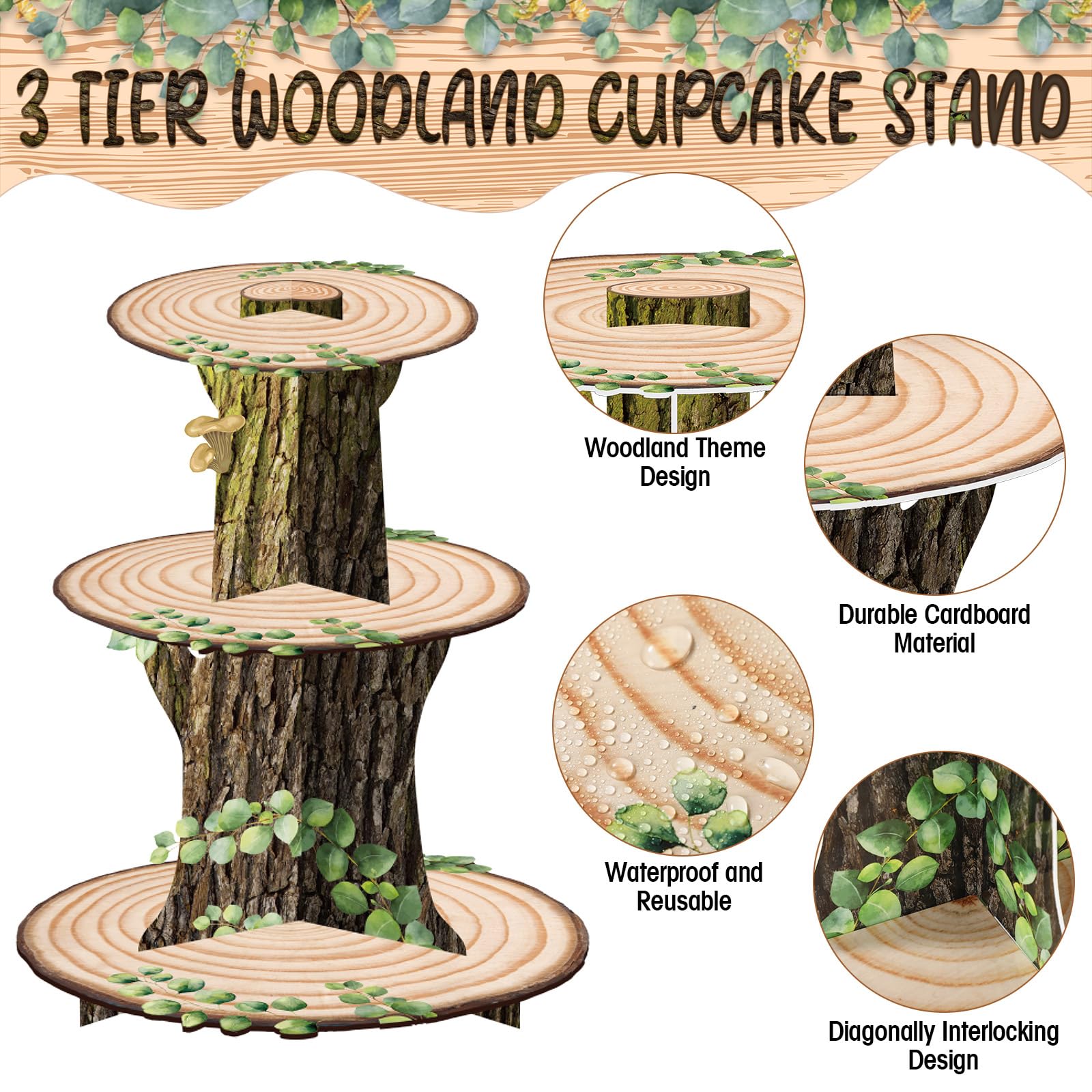 Zopeal Woodland - Supporto per cupcake in legno, decorazione occidentale per torte con foglia verde, supporto per torta da campeggio, per matrimoni a tema bosco, baby shower, safari, feste di