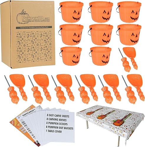 Kit de fiesta de tallado de calabaza de Halloween, 8 cuchillos, cucharas, hojas de plantillas de bricolaje, cubos intestinales y cubierta de mesa,