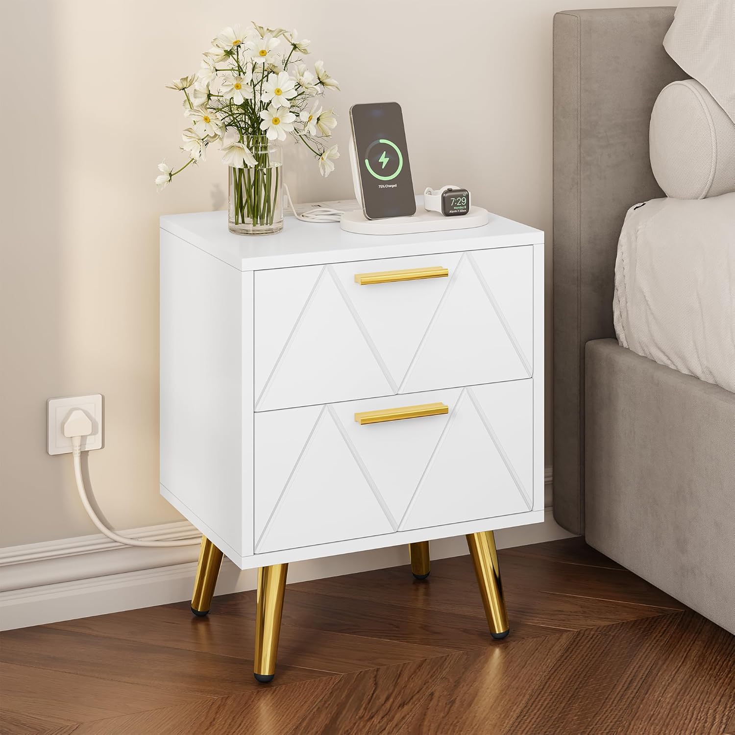 YITAHOME Bedside Table with 2 Drawers and Power Station, Modern