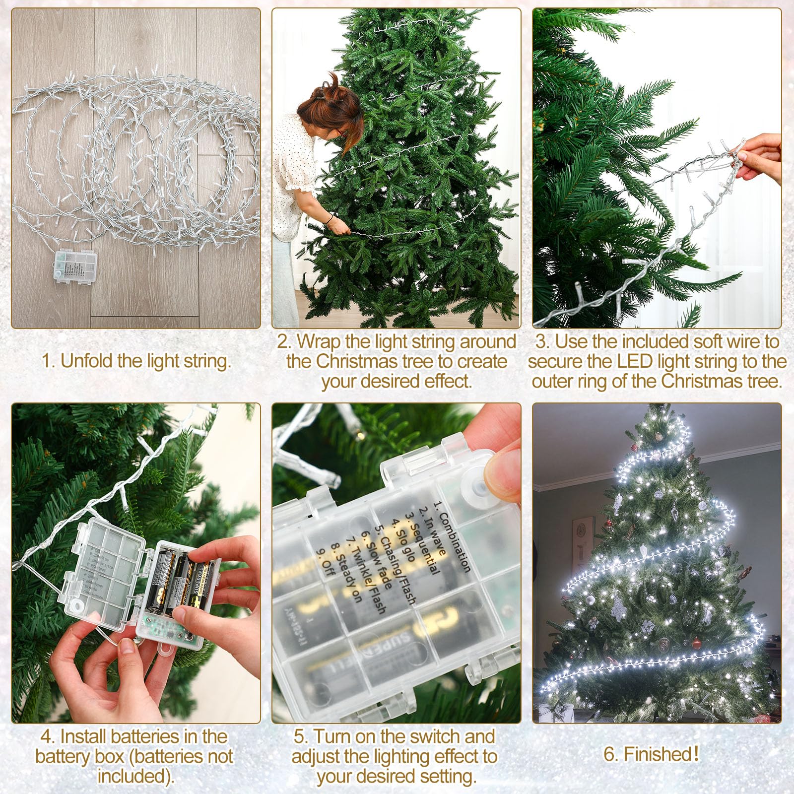 Mudder Guirlande lumineuse de sapin de Noël de 15 m avec anneau en fil métallique 300 LED 8 modes d'éclairage scintillant à piles pour sapin de Noël intérieur et extérieur (sans piles) (lumière