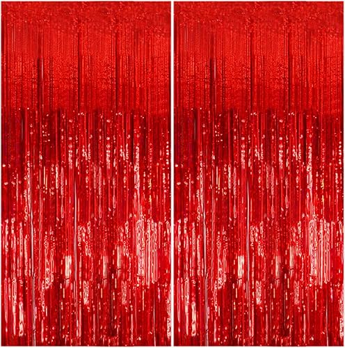 2 Pack Foil Curtain Backdrop Red Metallic Tinsel Foil Fringe Curtains Photo Booth Props for Birthday Wedding Engagement Baby Shower Bachelorette Christmas Holiday Celebration Party Decorations