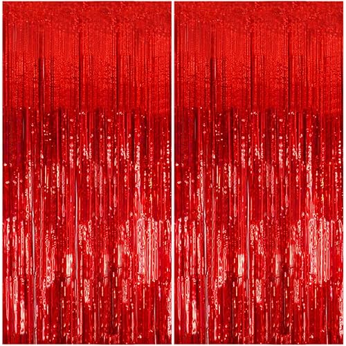 2 Pack Foil Curtain Backdrop Red Metallic Tinsel Foil Fringe Curtains Photo Booth Props for Birthday Wedding Engagement Baby Shower Bachelorette Christmas Holiday Celebration Party Decorations