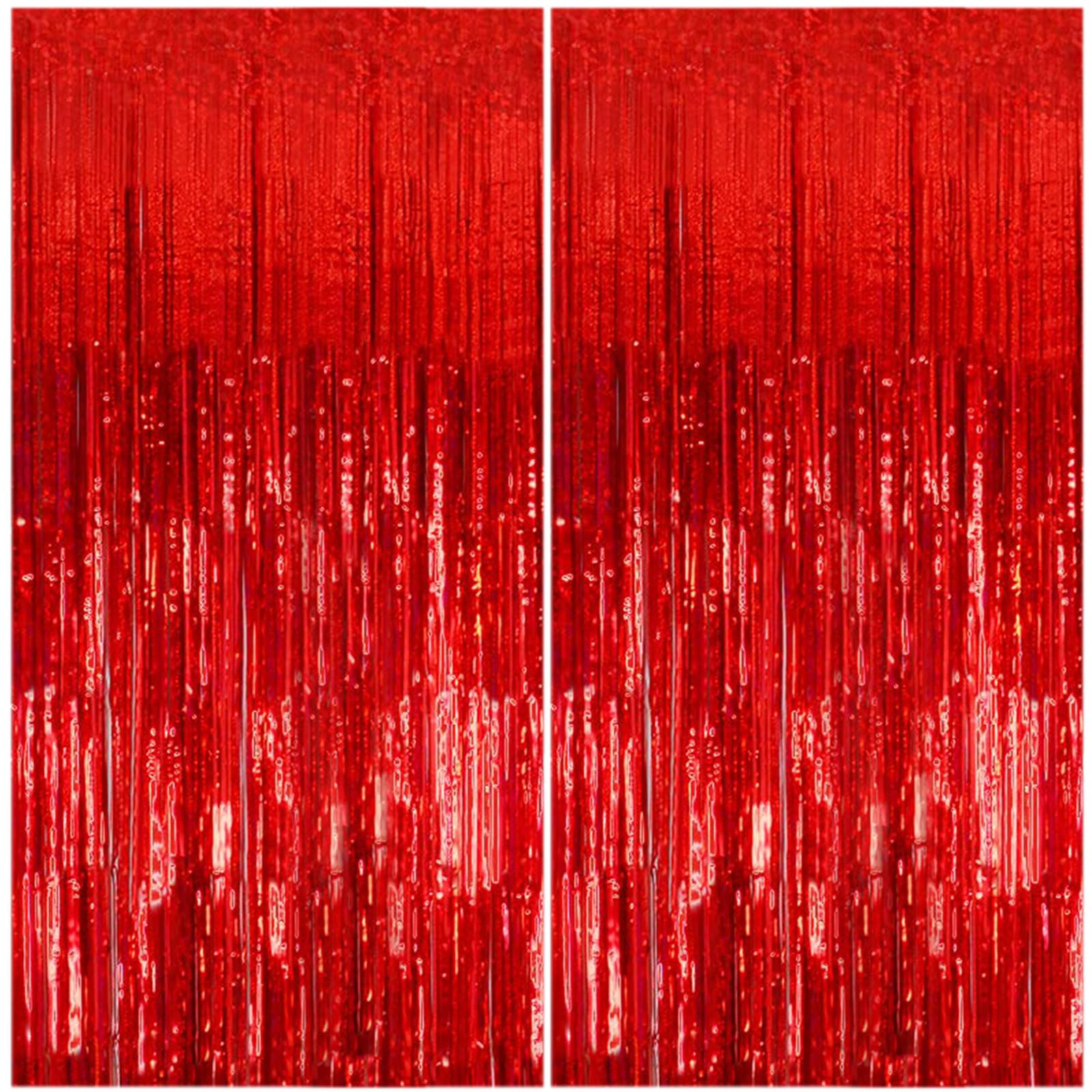 2 Pack Foil Curtain Backdrop Red Metallic Tinsel Foil Fringe Curtains Photo Booth Props for Birthday Wedding Engagement Baby Shower Bachelorette Christmas Holiday Celebration Party Decorations