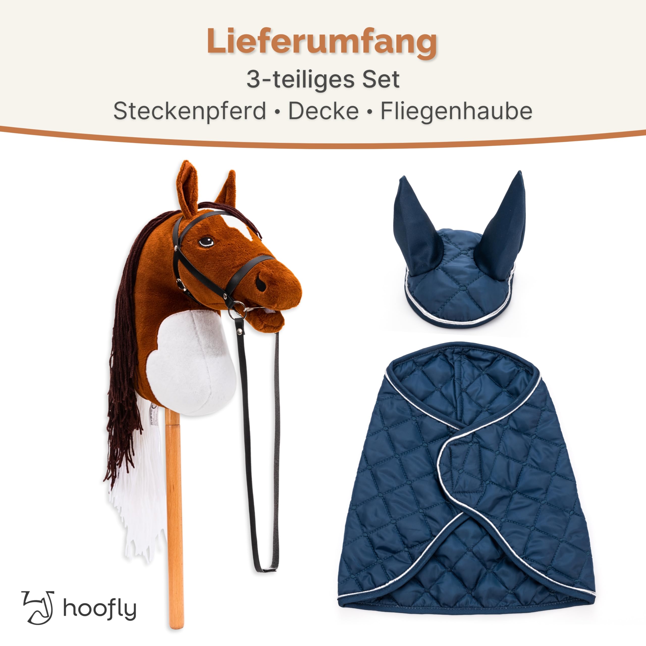 Hobby Horse Set – Großes Steckenpferd für Kinder mit Decke & Fliegenhaube | Komplettes Hobby Horsing Set mit Trense & 35 cm Schraubstab | Braunes Pferd – Blaues Zubehör