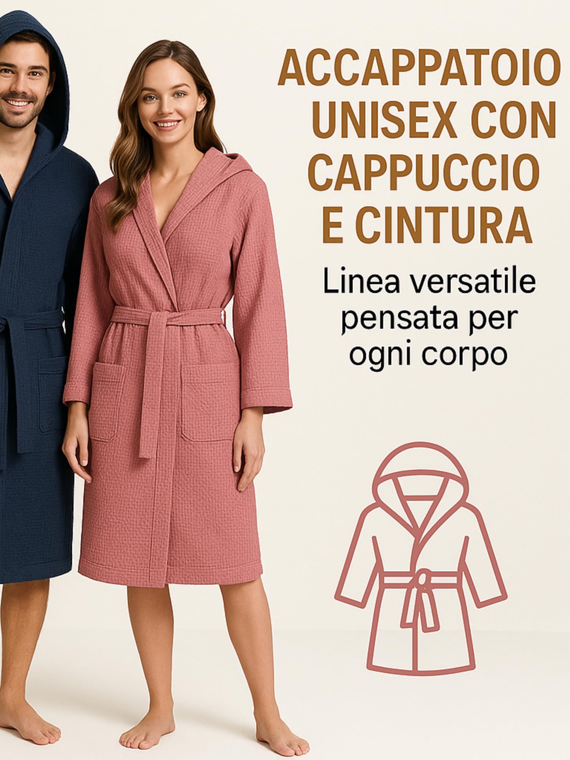o-day Accappatoio Nido D'Ape Donna e Accappatoio Nido D'Ape Uomo in Cotone con Cappuccio Tasche e Cintura, Leggero e da Viaggio S-XXXL