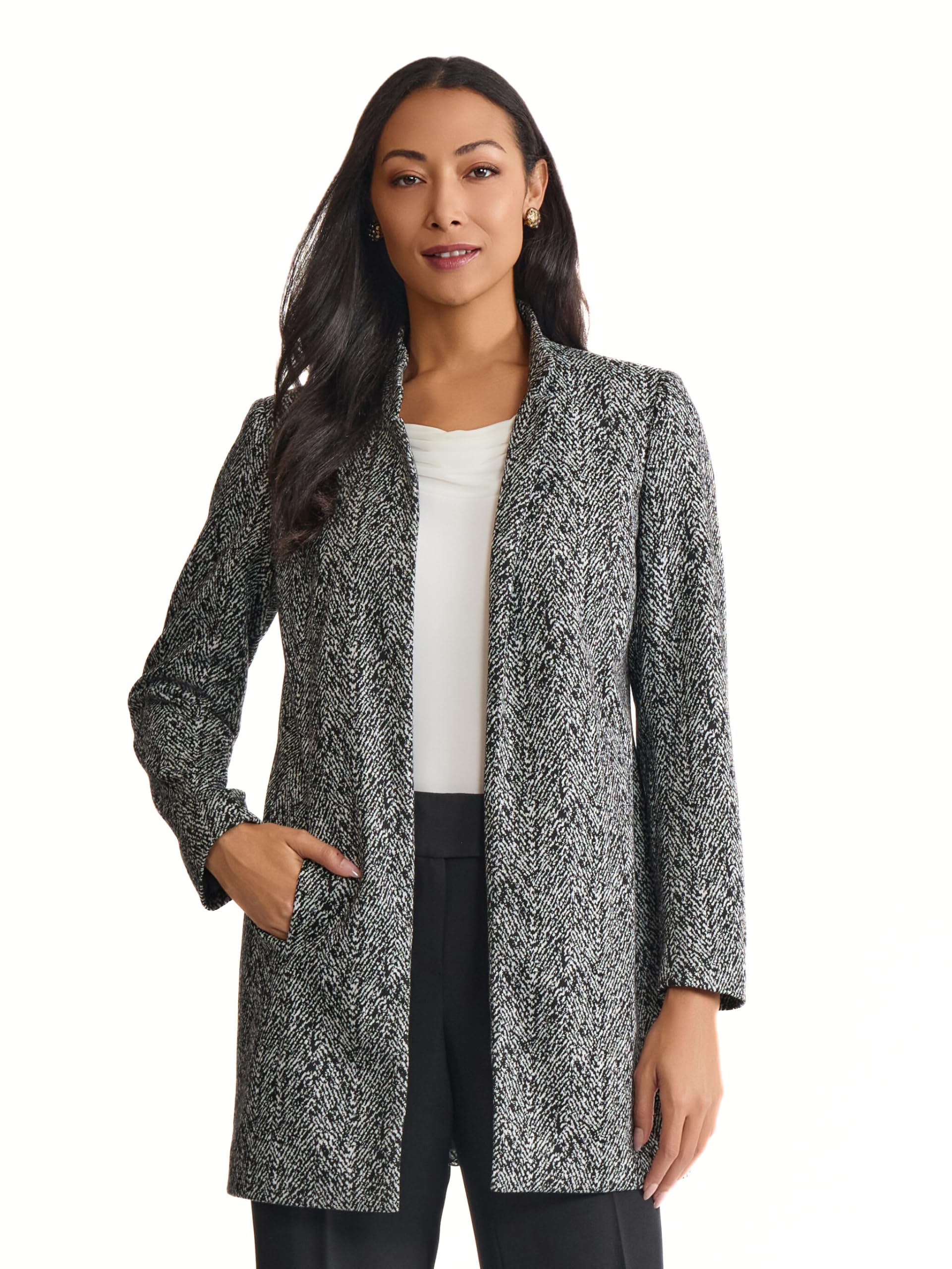 Kasper Womens Long Sleeve Knit Jacquard Topper Coat