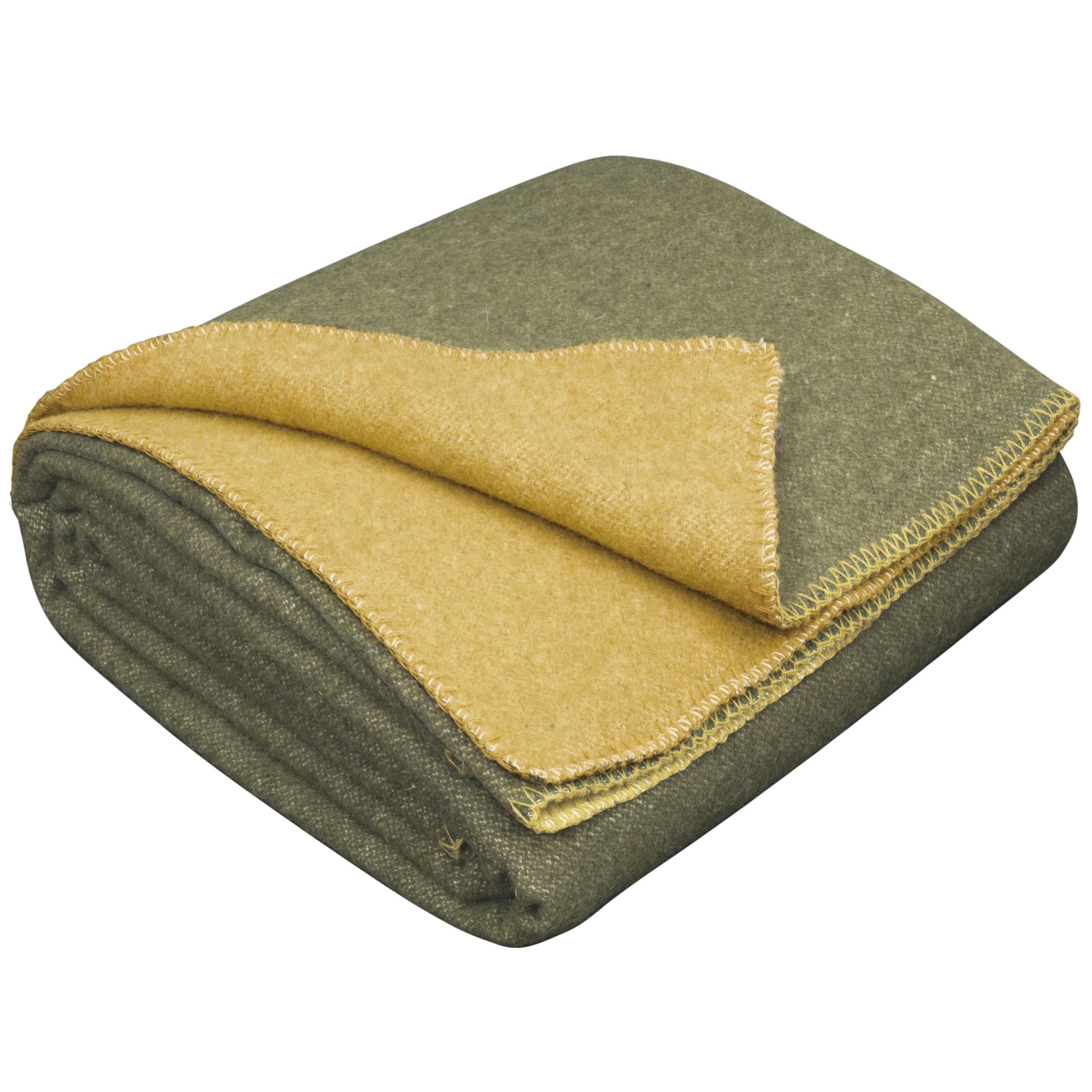 LYHome Manta Lana Merino - Plaid de Lana de Oveja para Viaje Militar Camping, Cubre para Sofa Cama, Mantas Sofas, Cobijas Calientes Invierno Verano (150 x 215 cm, Mostaza - Verde Oliva Doble-Cara)